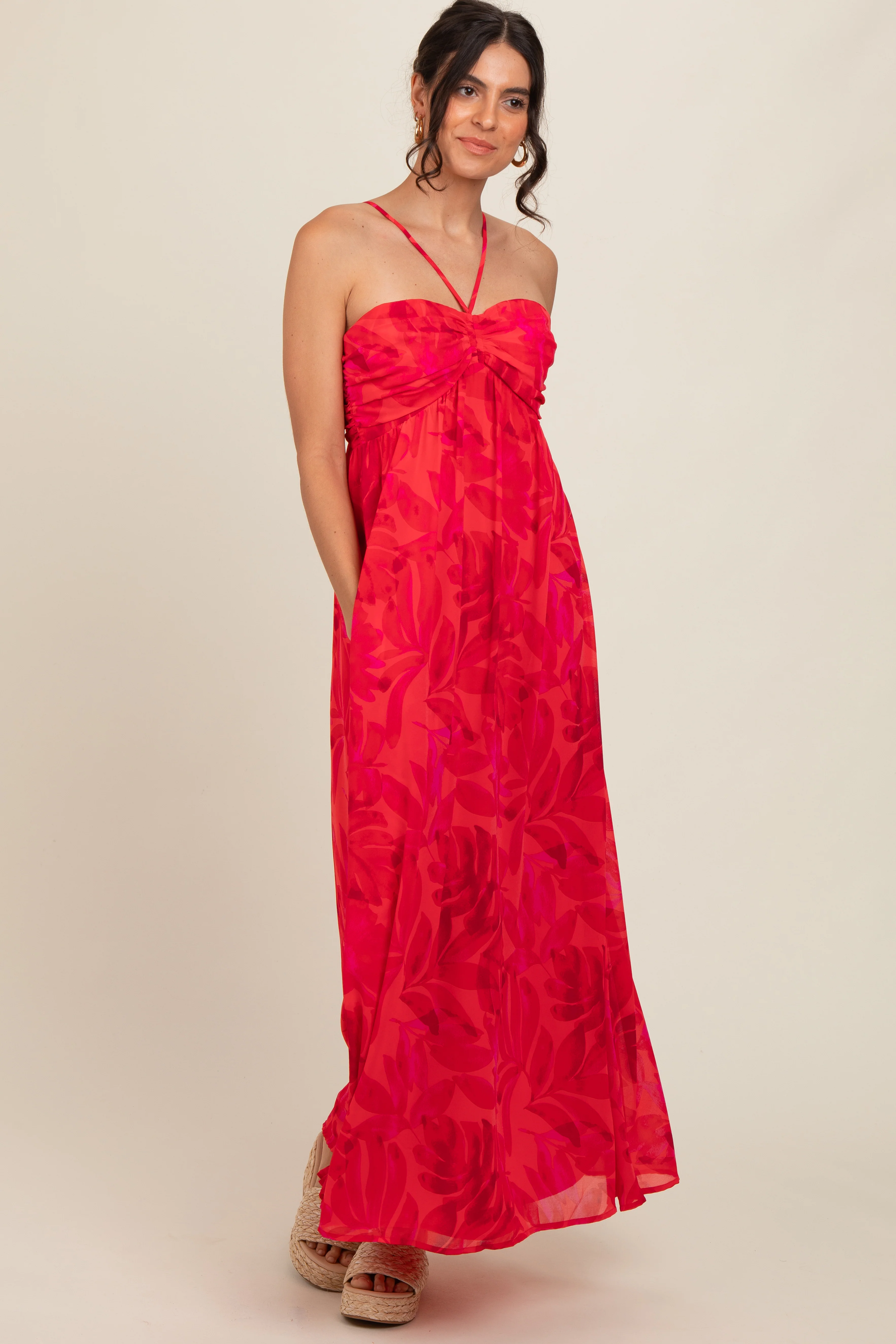 Red Tonal Floral Halter Maxi Dress - Image 4