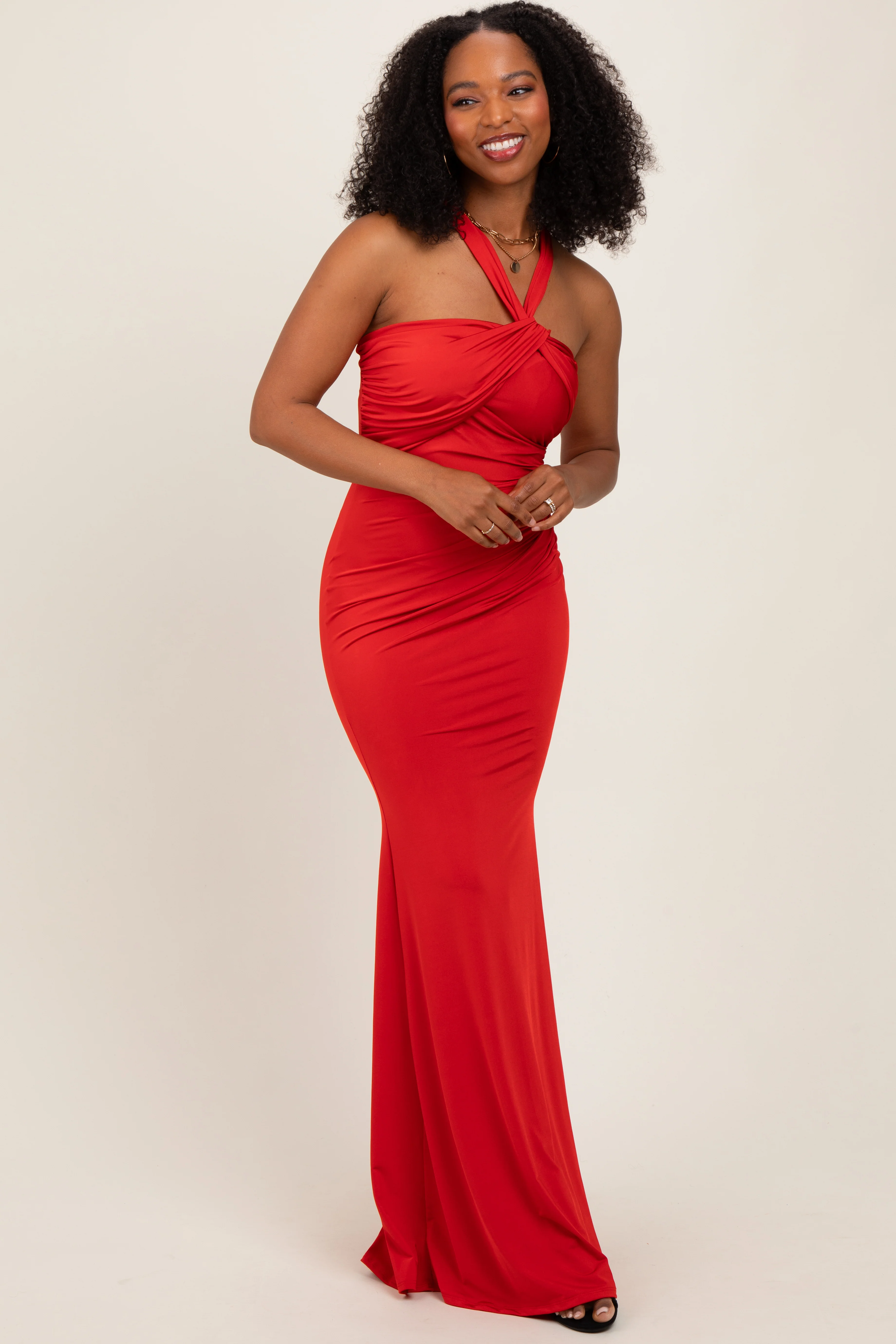 Red Twist Front Ruched Maxi Dress