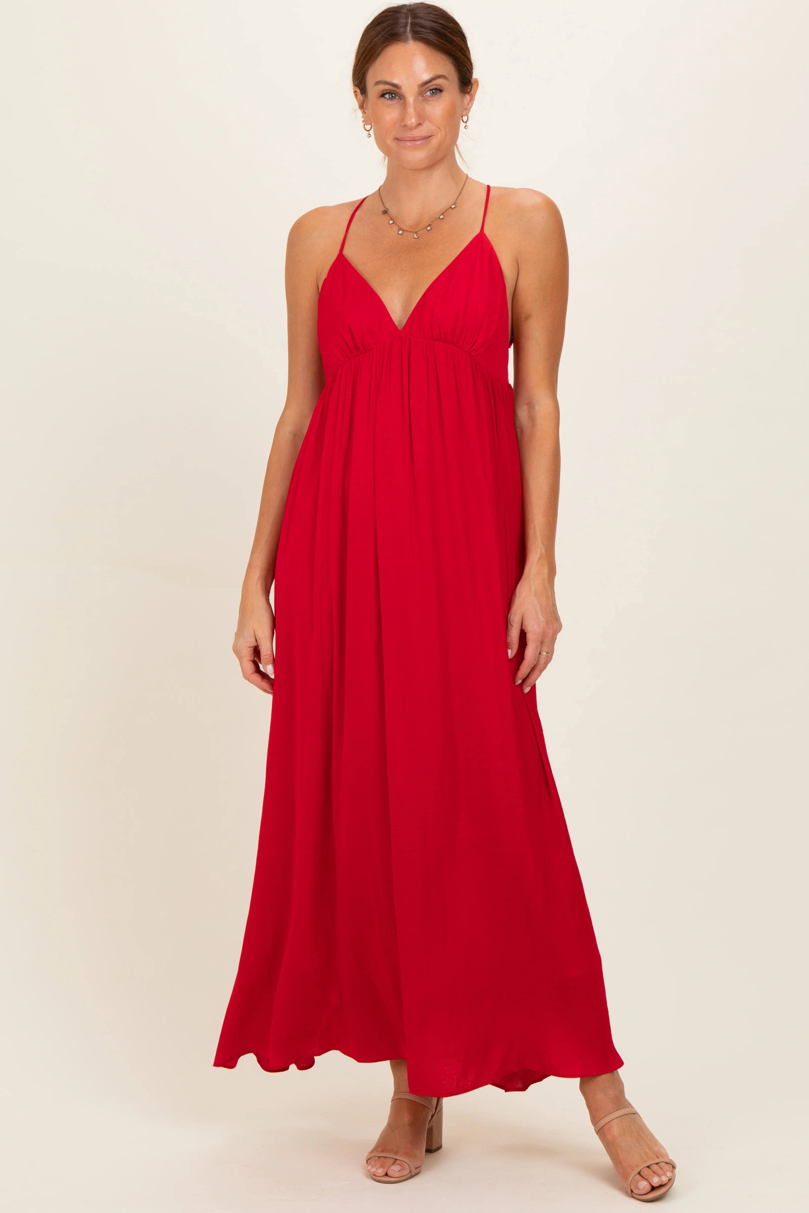 Red V-Neck Open Back Maternity Maxi Dress - Image 4