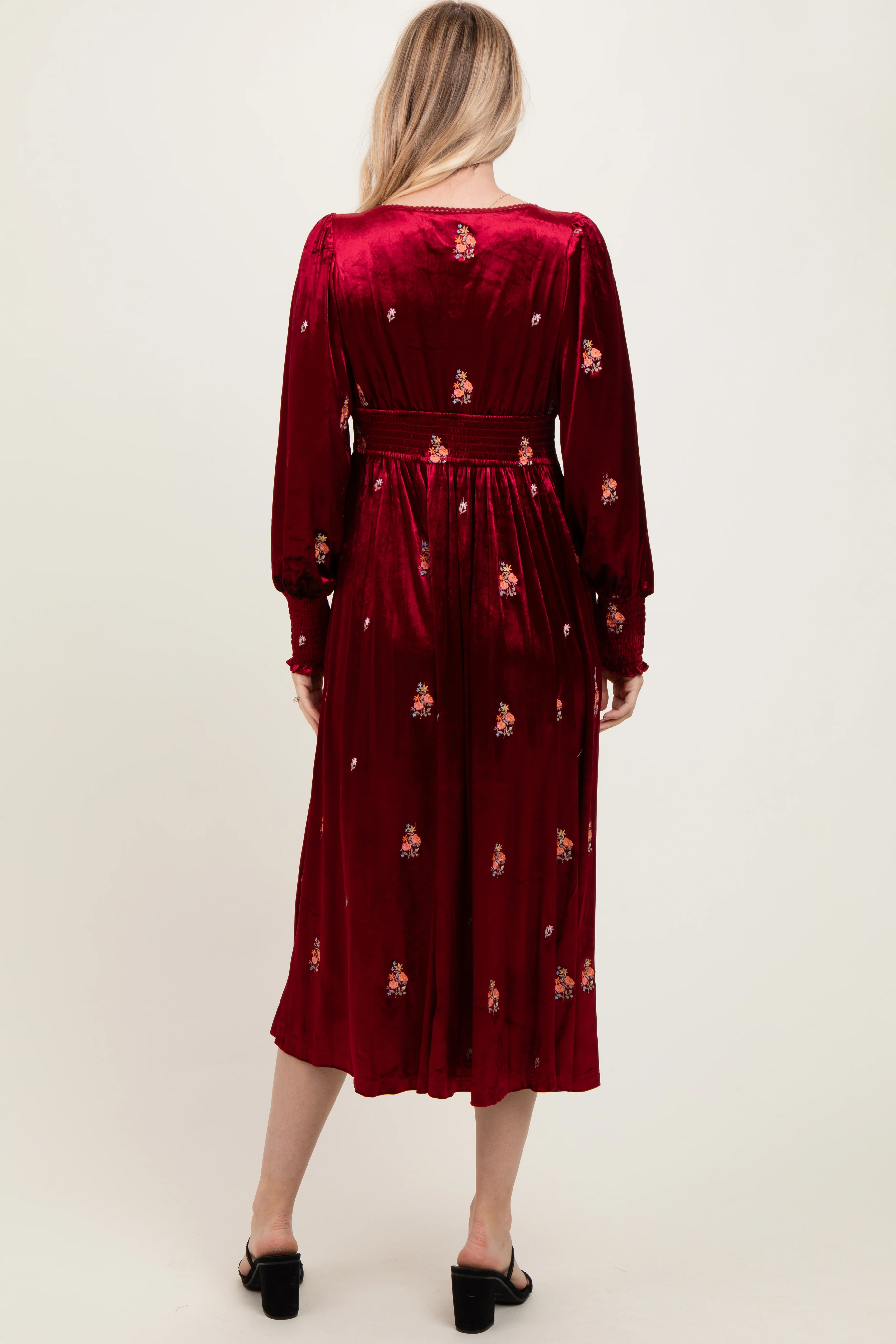 Red Velvet Embroidered Floral Midi Dress - Image 4