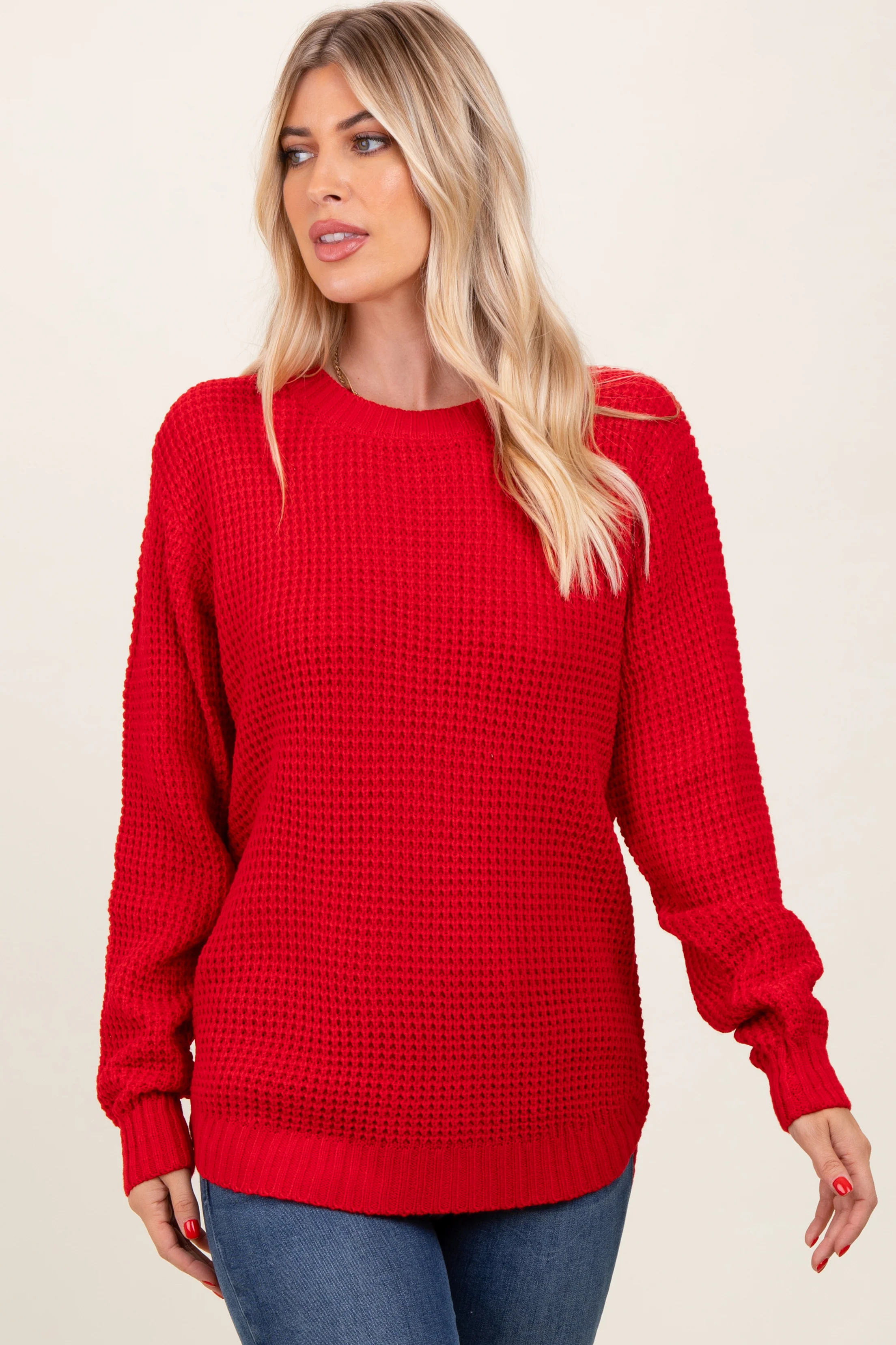 Red Waffle Knit Rounded Hem Sweater - Image 4