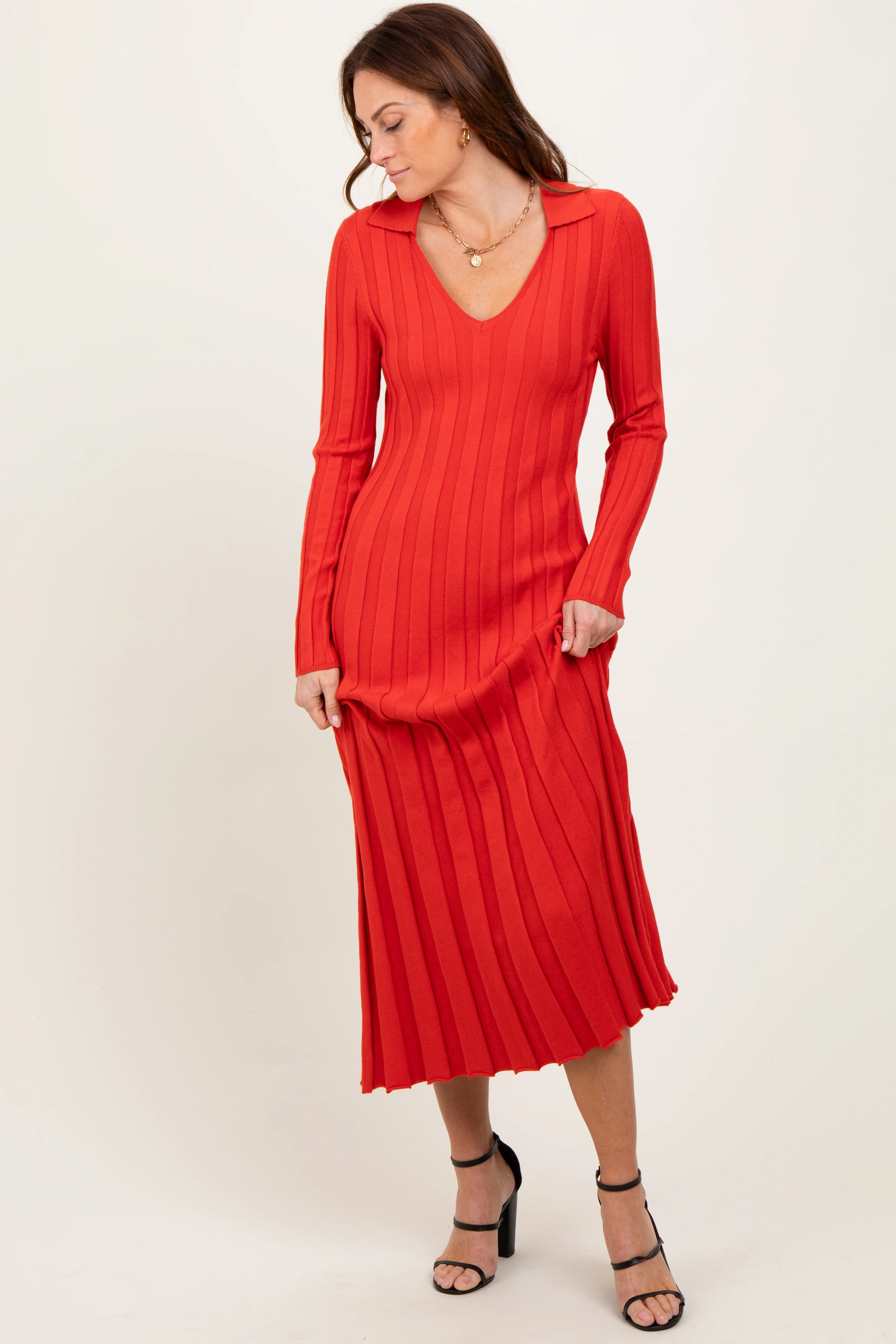 Red Wide Ribbed Knit Collared Maternity Midi Dress - Image 5