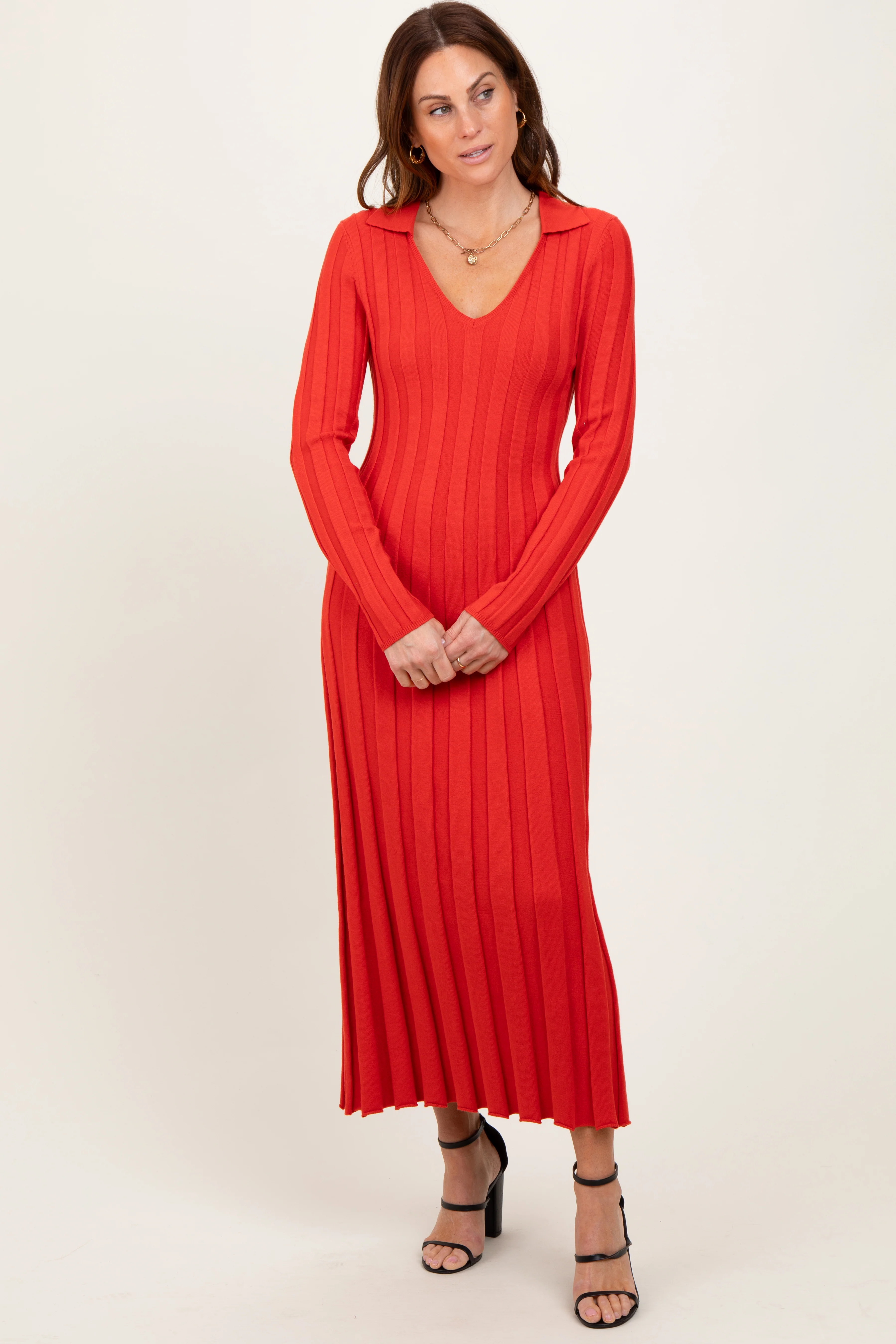 Red Wide Ribbed Knit Collared Midi Dress - Image 2