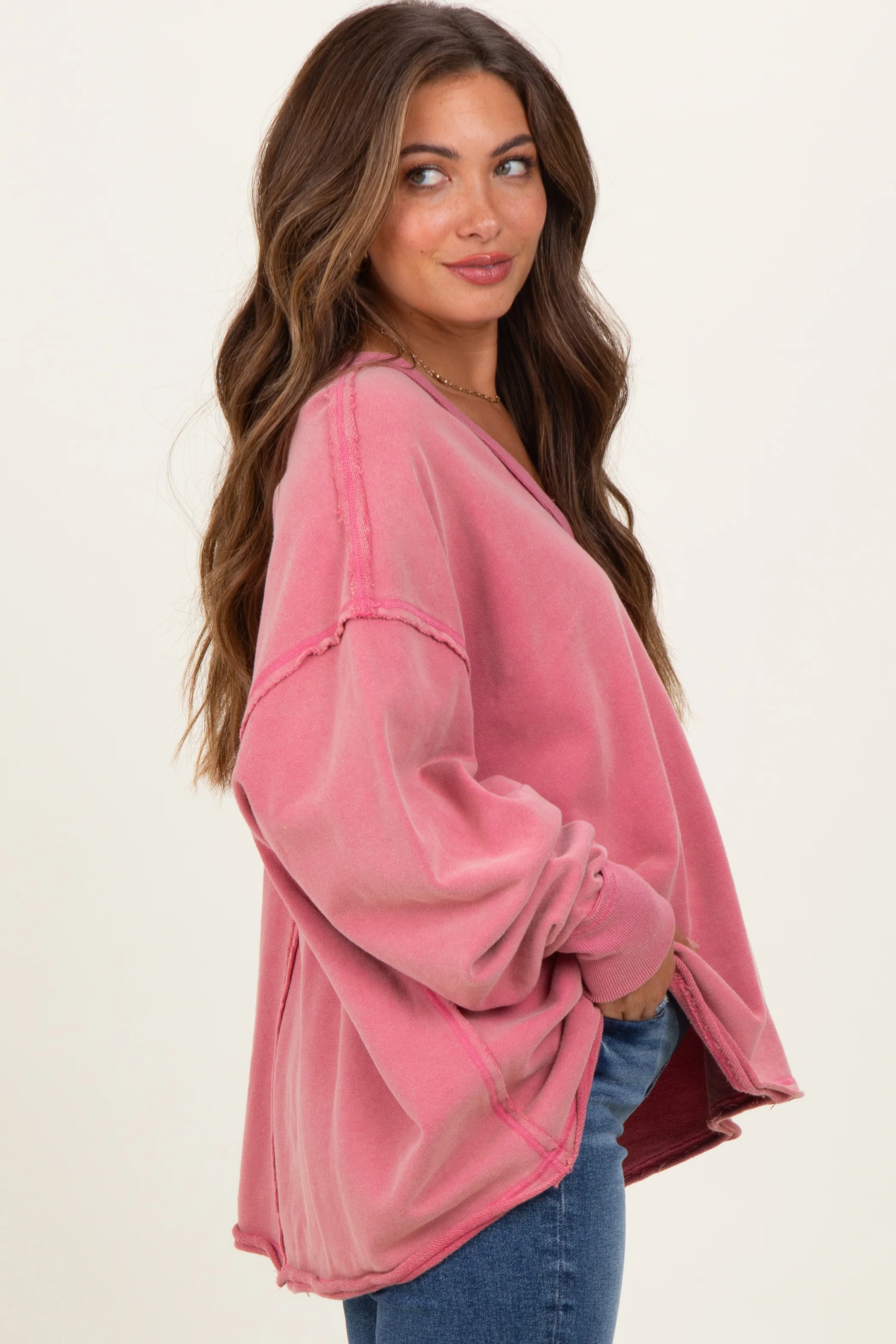 Rose Mineral Washed French Terry Oversized Maternity Sweatshirt - Image 3