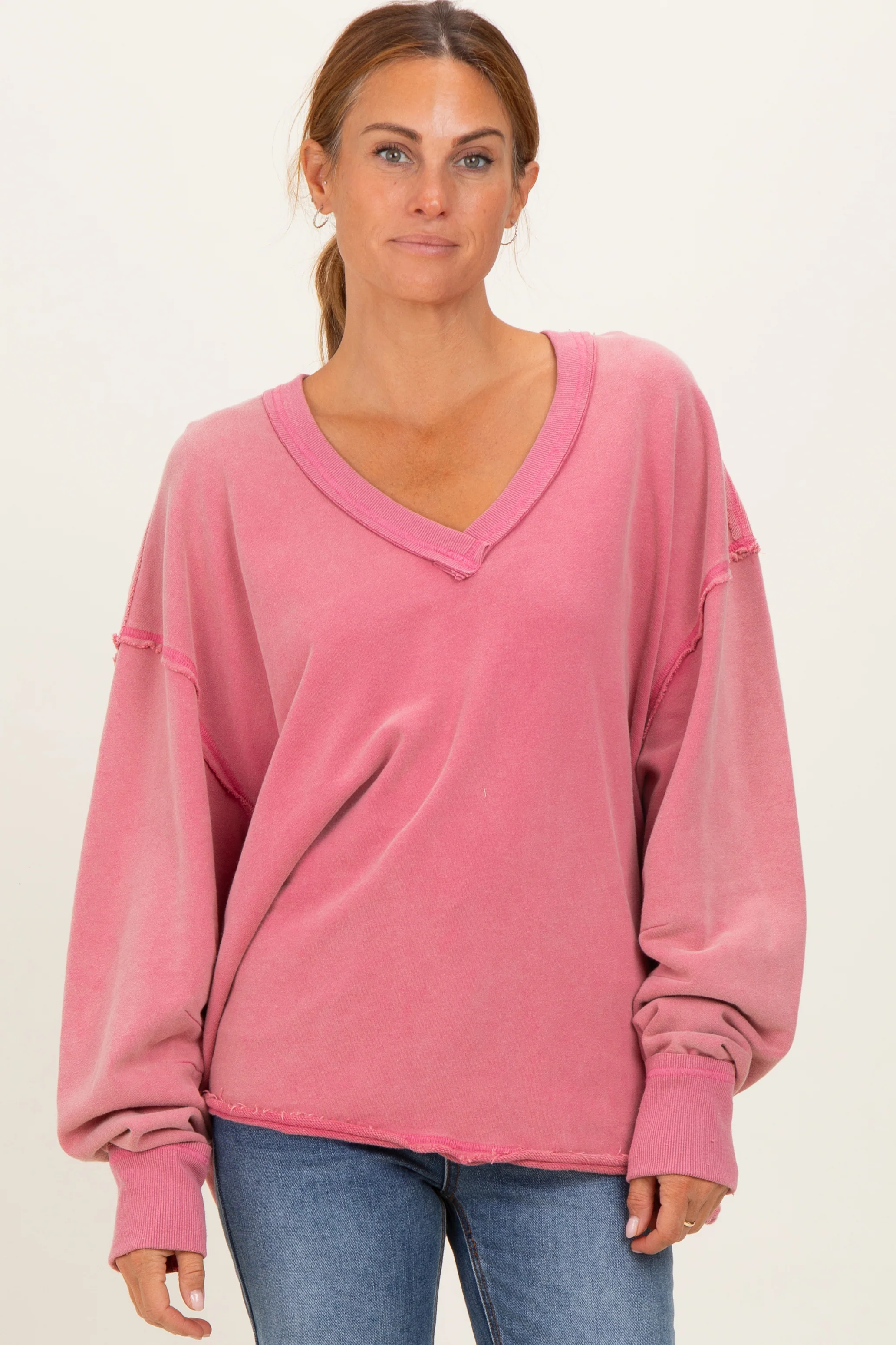 Rose Mineral Washed French Terry Oversized Maternity Sweatshirt - Image 5