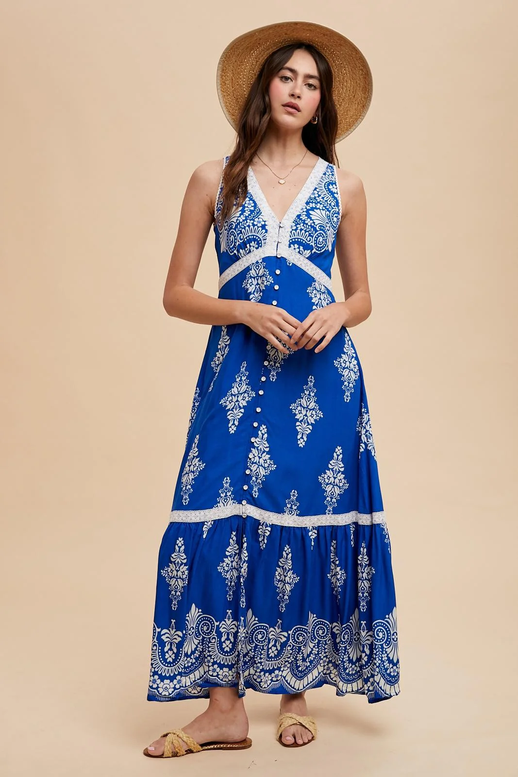 Royal Blue Border Print Resort Maternity Maxi Dress - Image 4