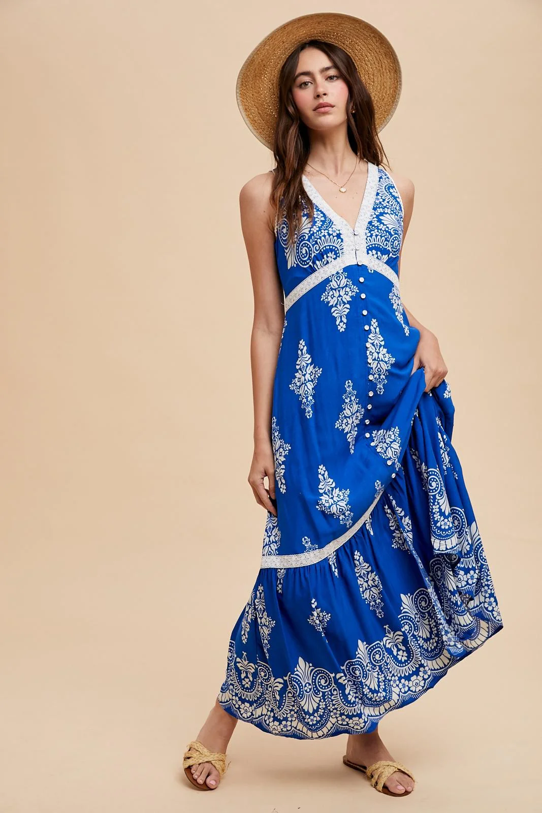 Royal Blue Border Print Resort Maxi Dress - Image 3
