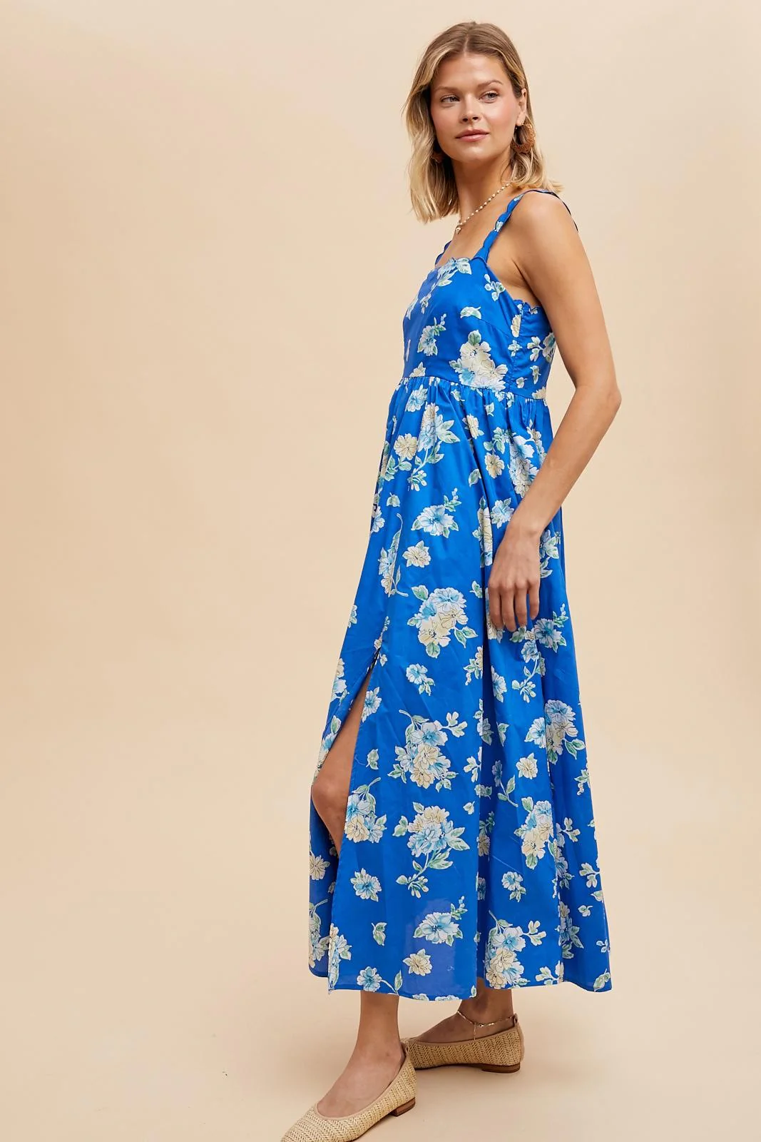 Royal Blue Floral Bold Print Cotton Maxi Dress - Image 3