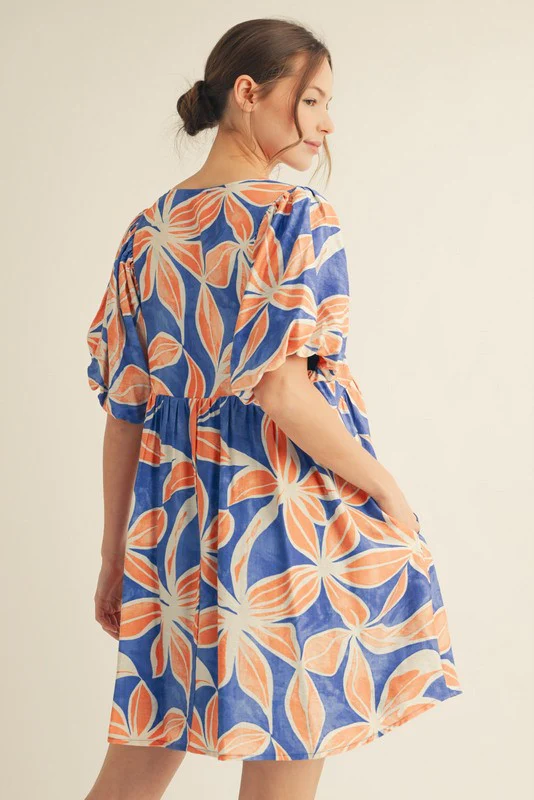 Royal Blue Floral Front Tie Puff Sleeve Dress - Image 3