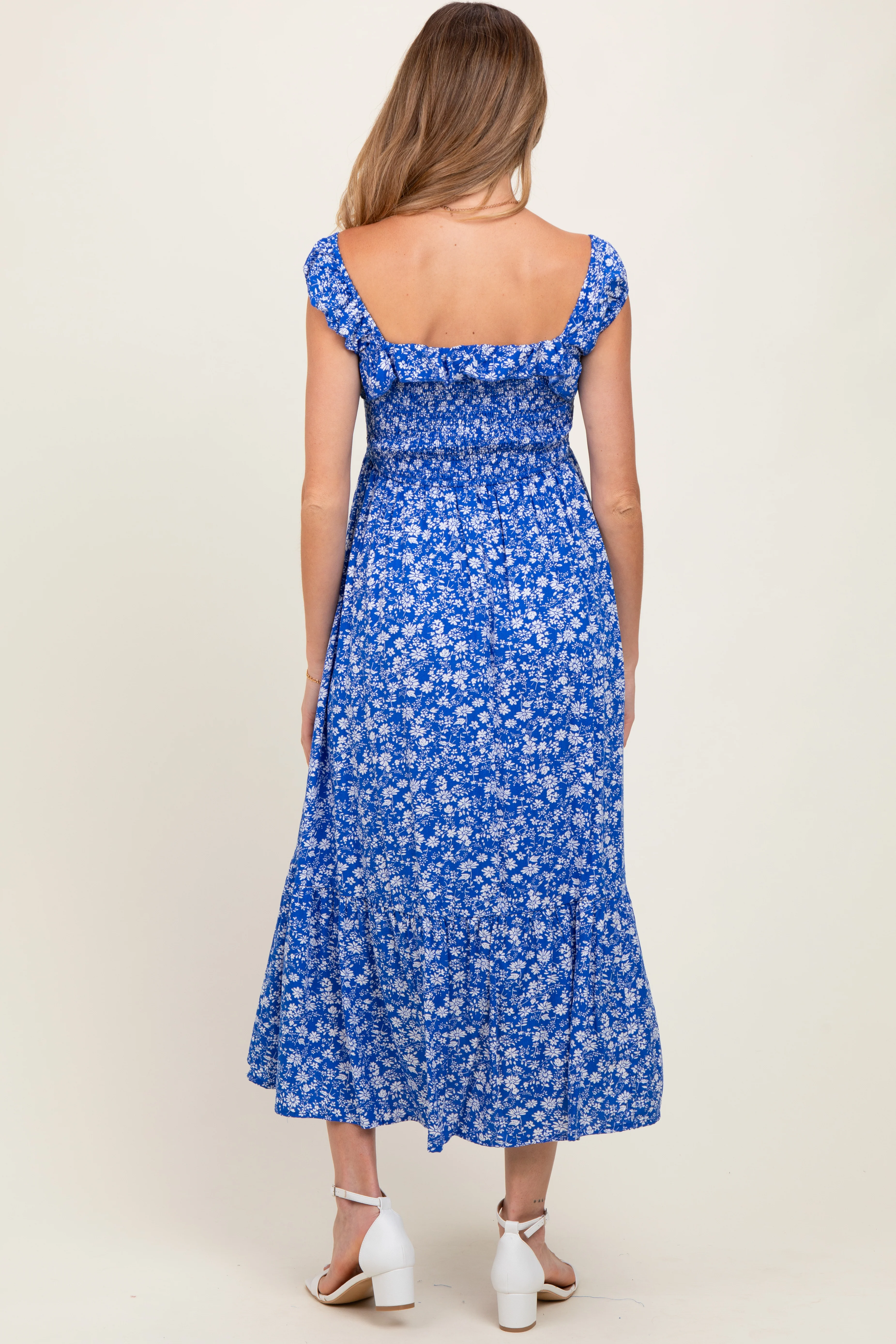 Royal Blue Floral Smocked Ruffle Detail Maternity Midi Dress - Image 4