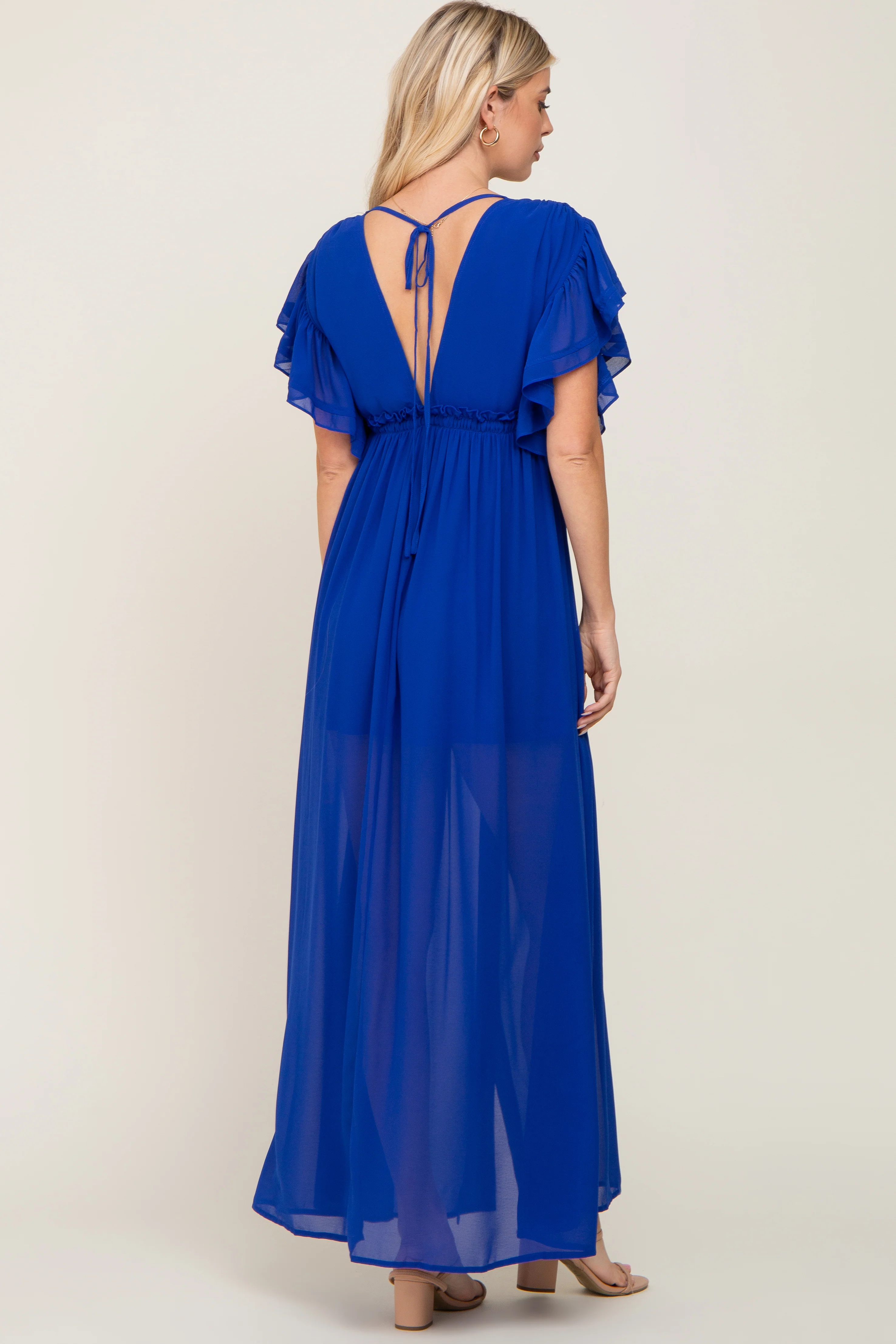 Royal Blue Flounce Button Front Maxi Dress - Image 3