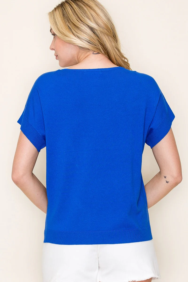 Royal Blue Knit Short Sleeve Top - Image 3