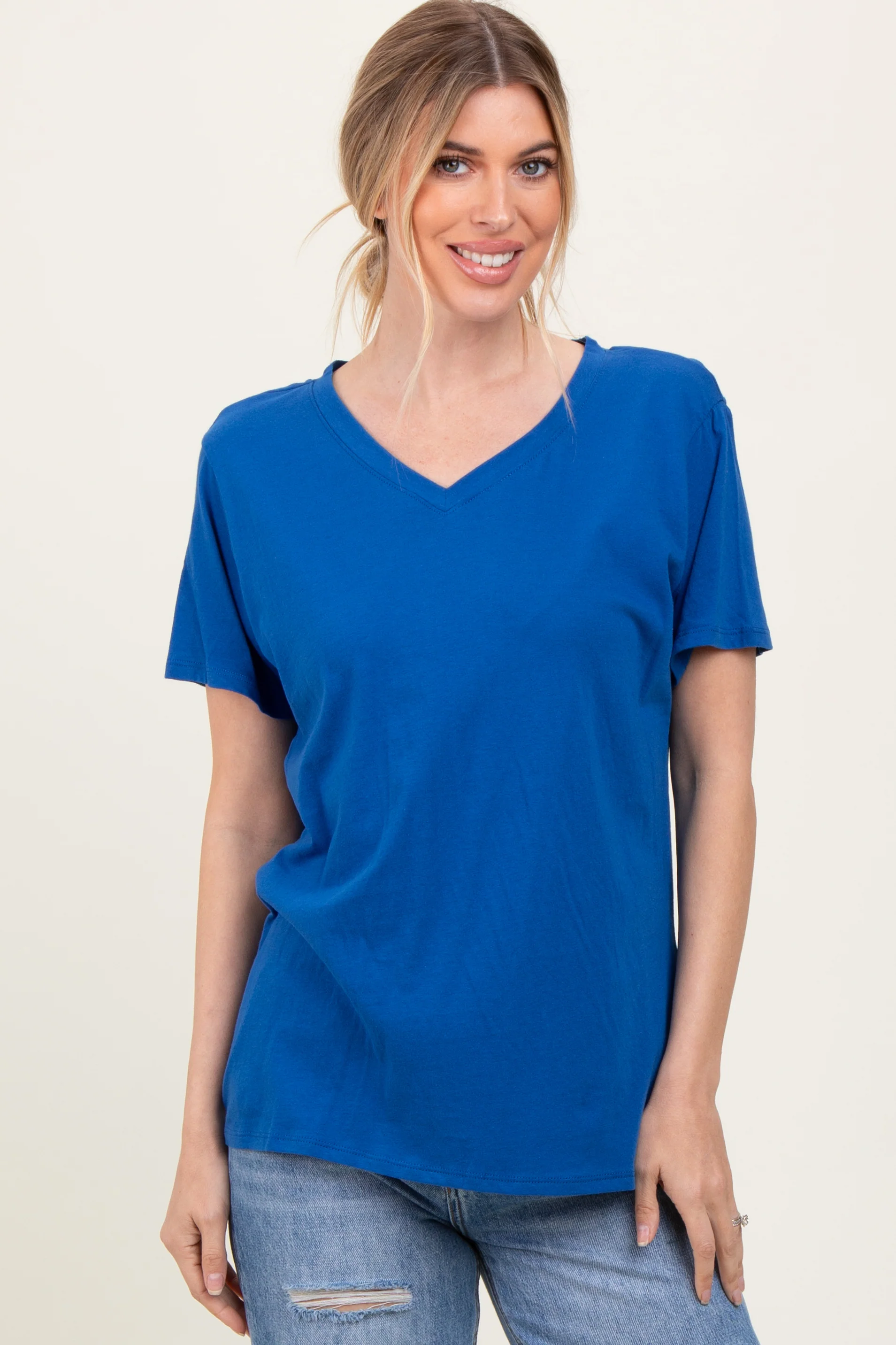 Royal Blue Oversized V-Neck Short Sleeve Maternity Tee - Image 5