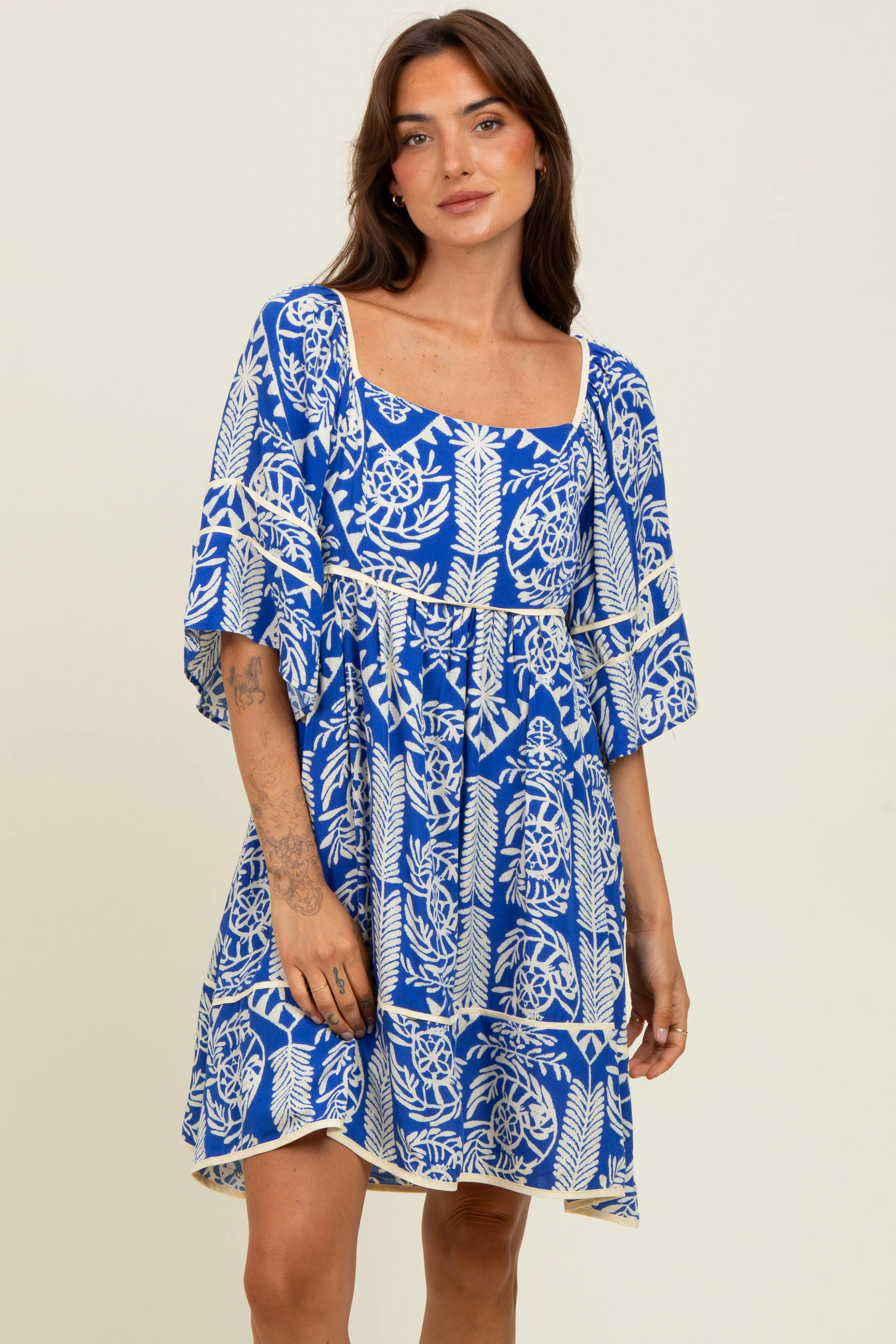 Royal Blue Printed Tie Back Contrast Trim Dress - Image 2