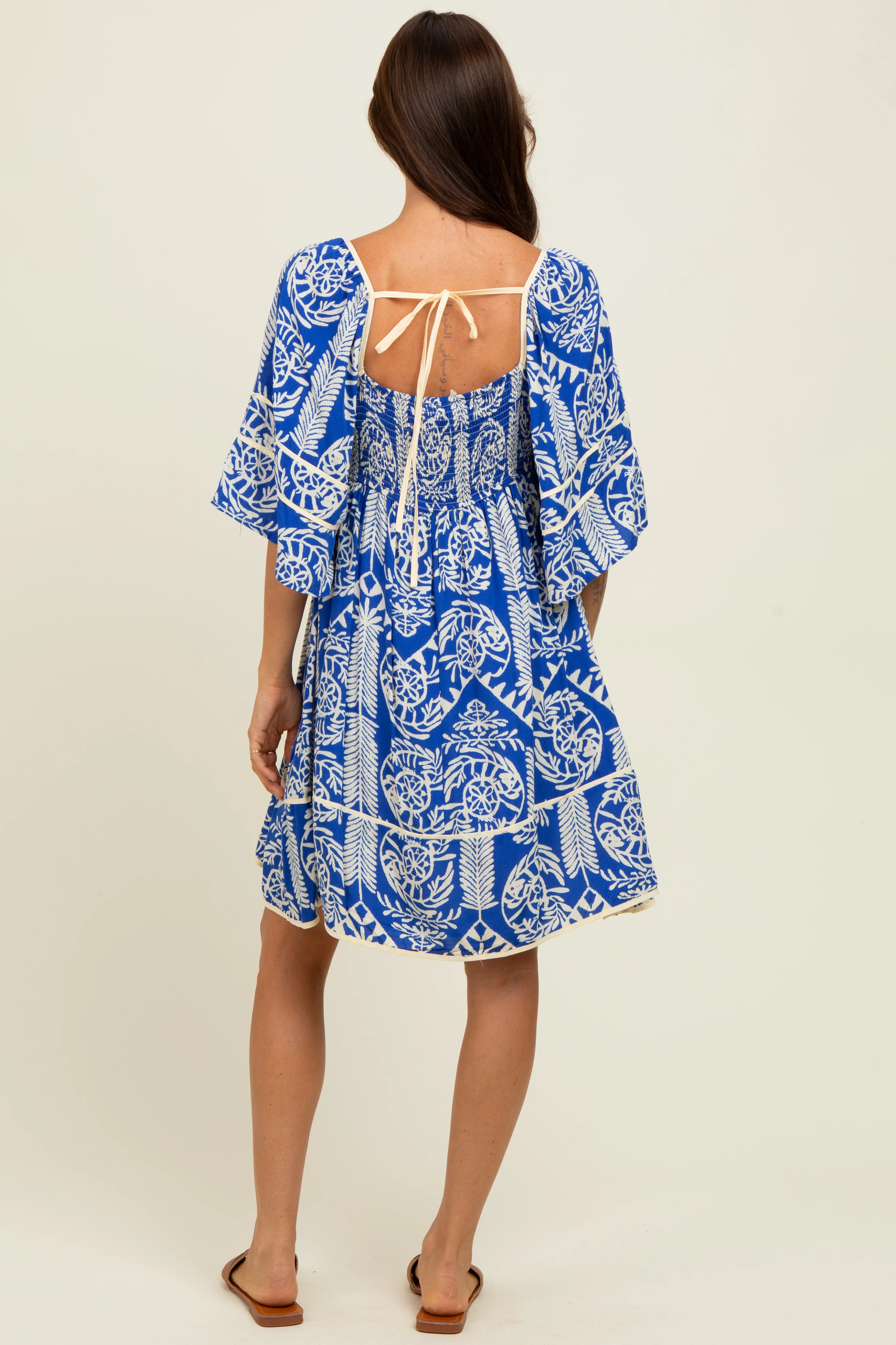 Royal Blue Printed Tie Back Contrast Trim Dress - Image 4