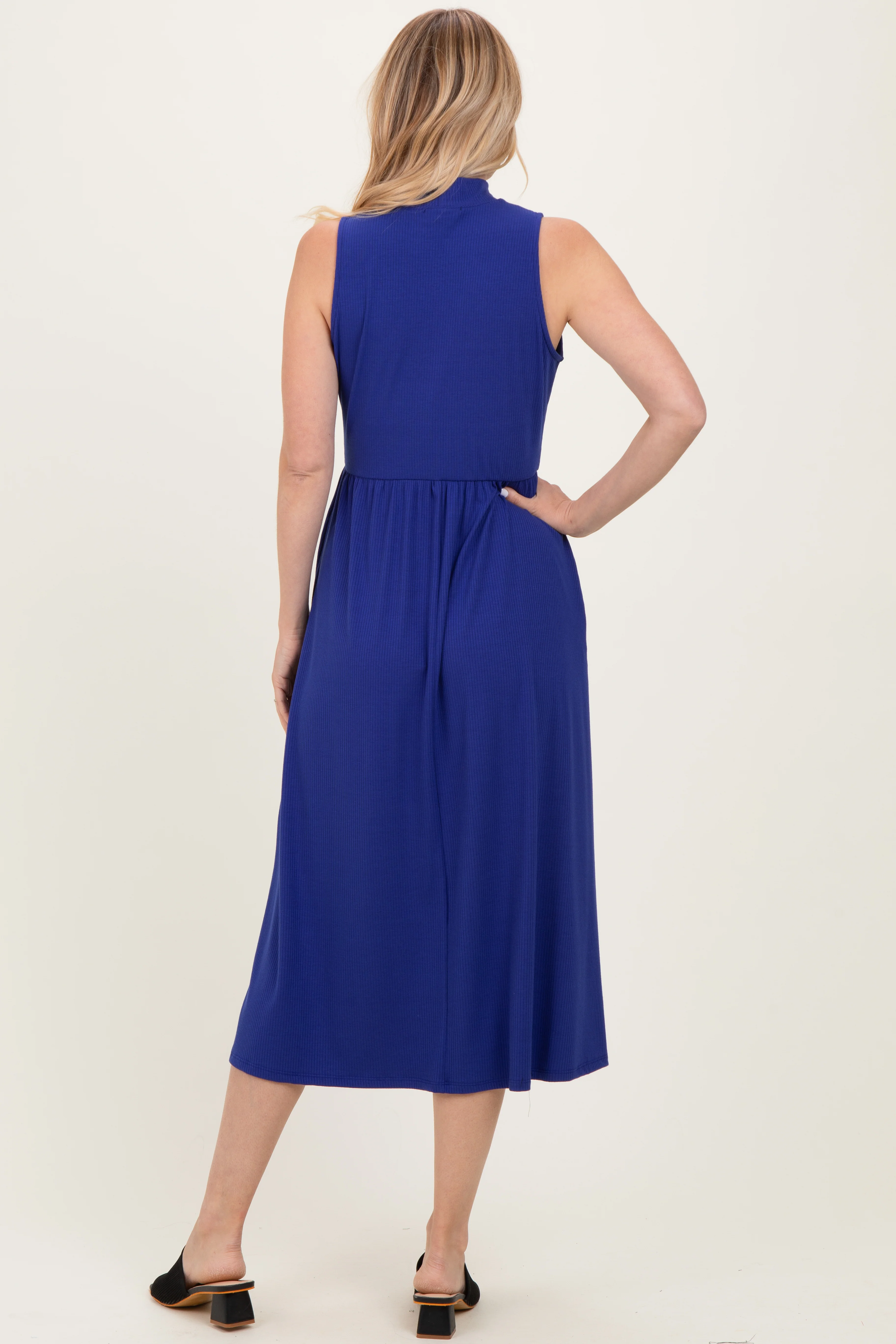 Royal Blue Ribbed Mock Neck Sleeveless Midi Dress - Image 4