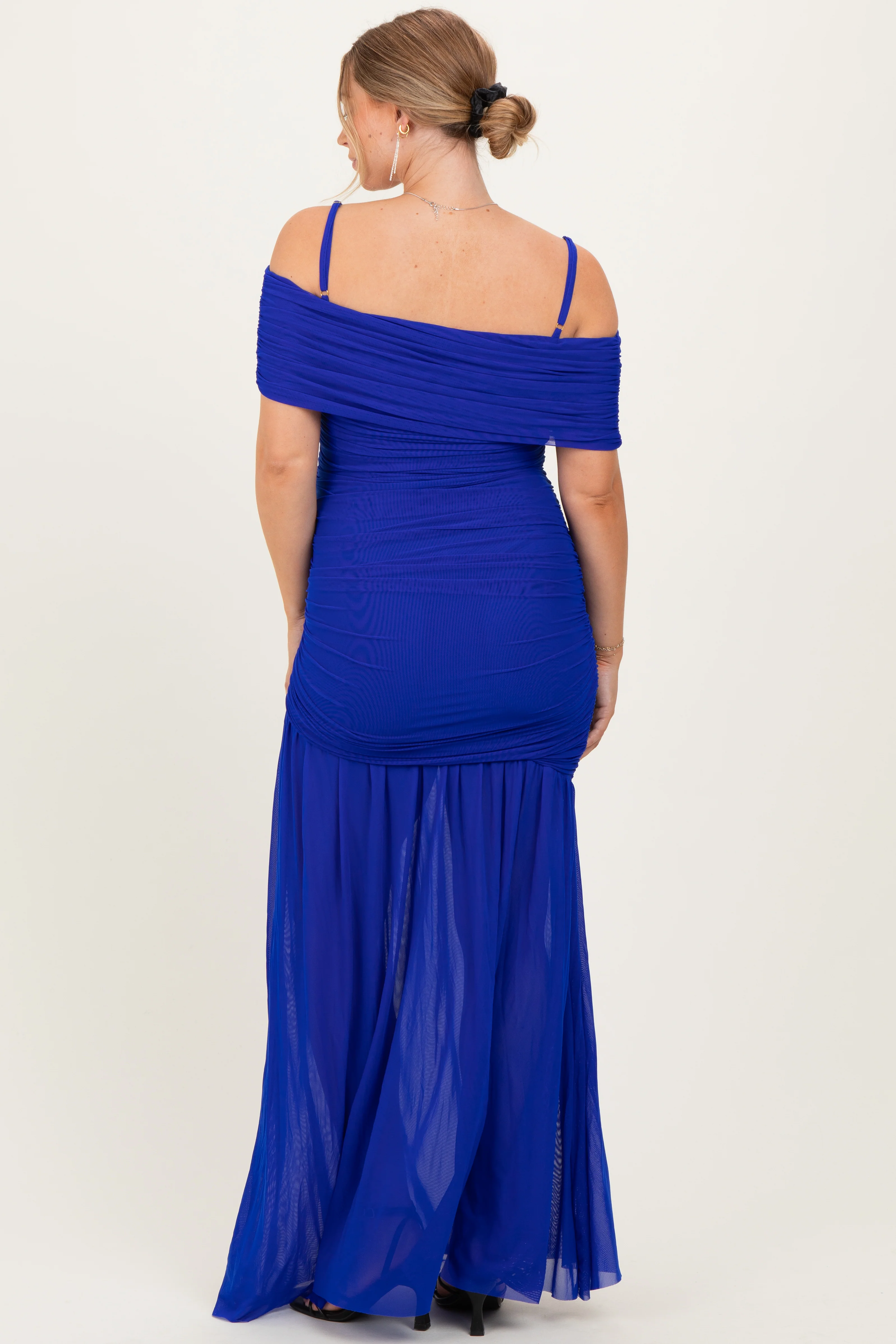 Royal Blue Ruched Mesh Off Shoulder Maternity Maxi Dress - Image 4