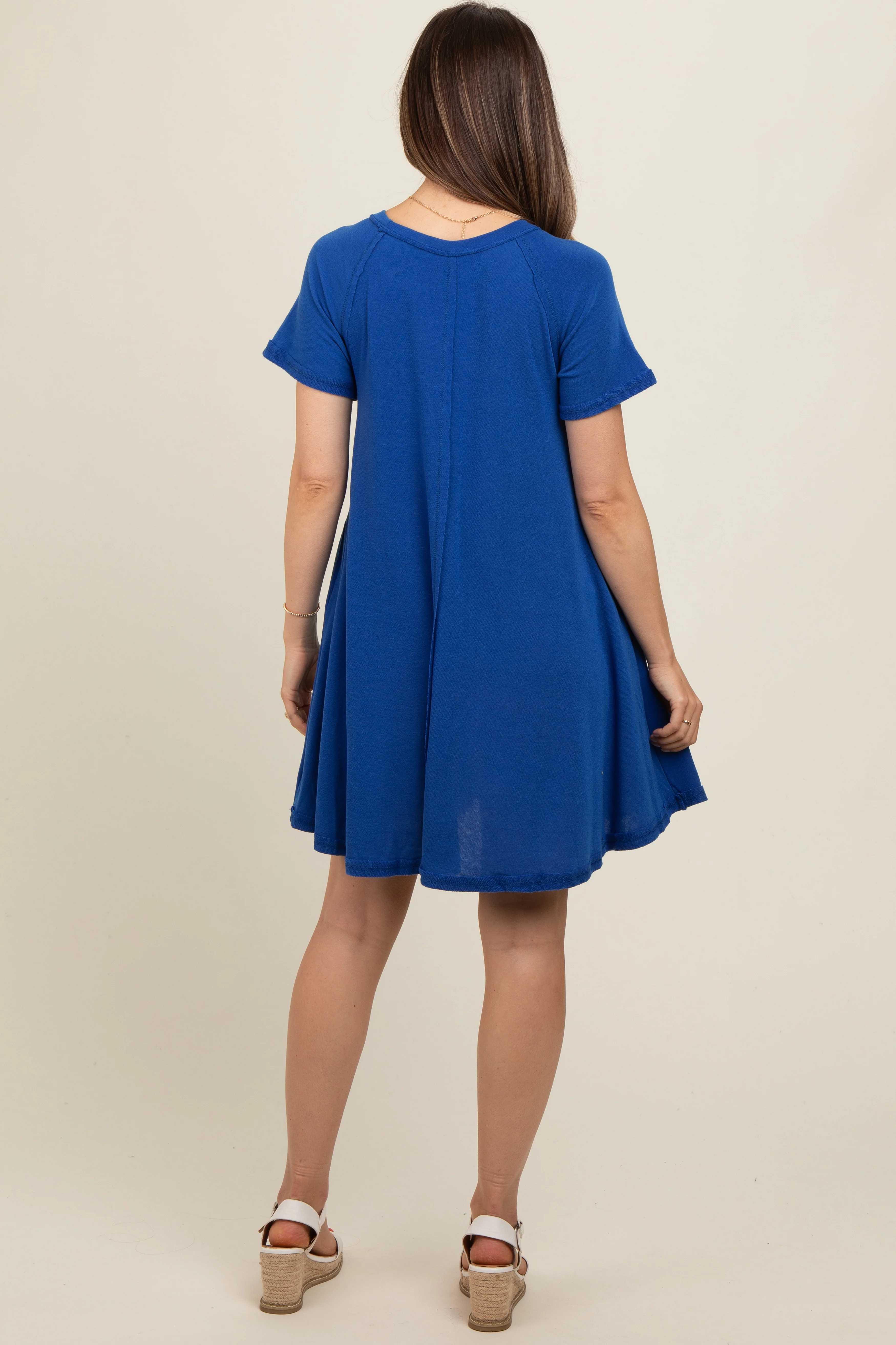 Royal Blue Solid T-shirt Maternity Mini Dress - Image 4