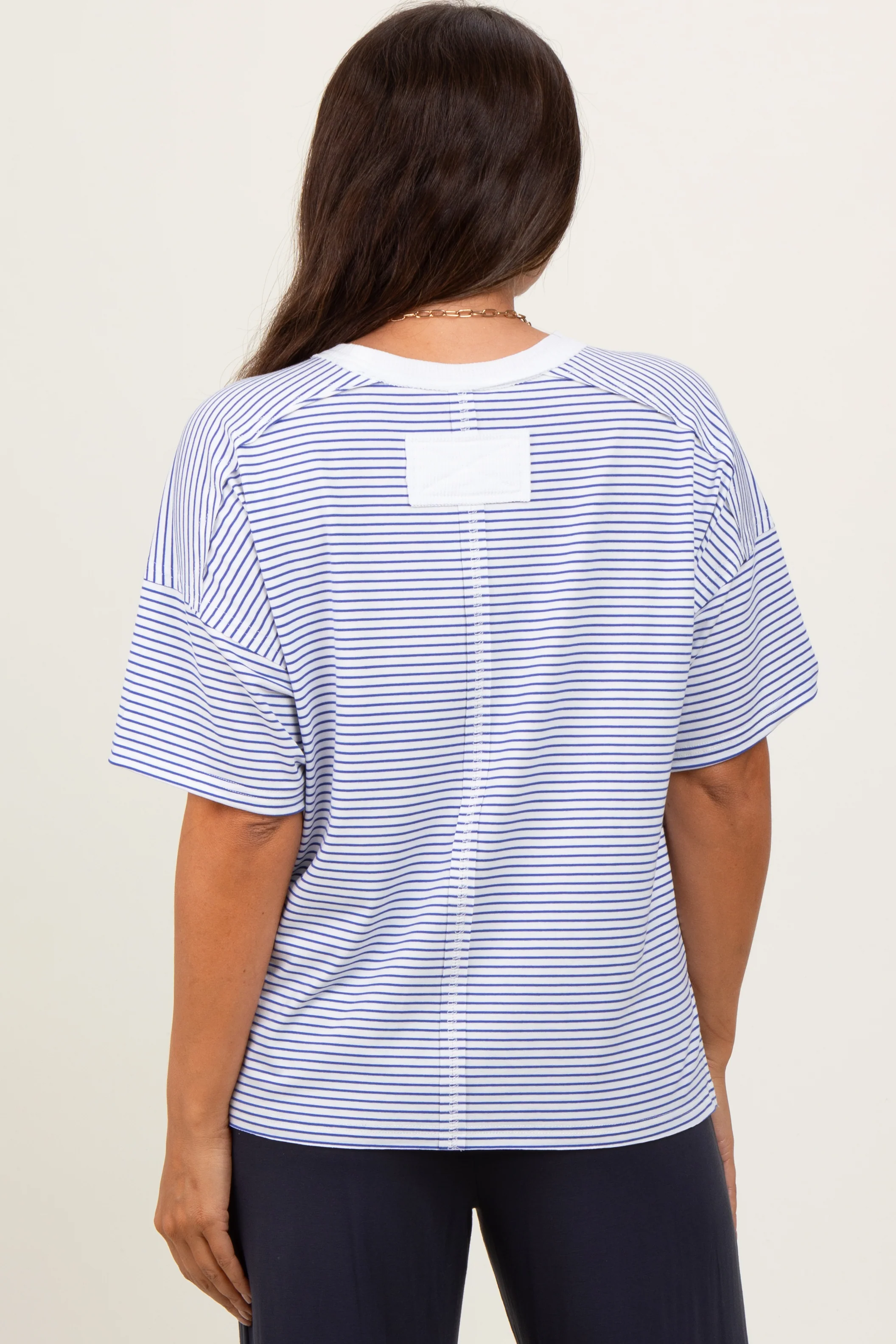 Royal Blue Striped Drop Shoulder Short Sleeve Maternity Top - Image 3