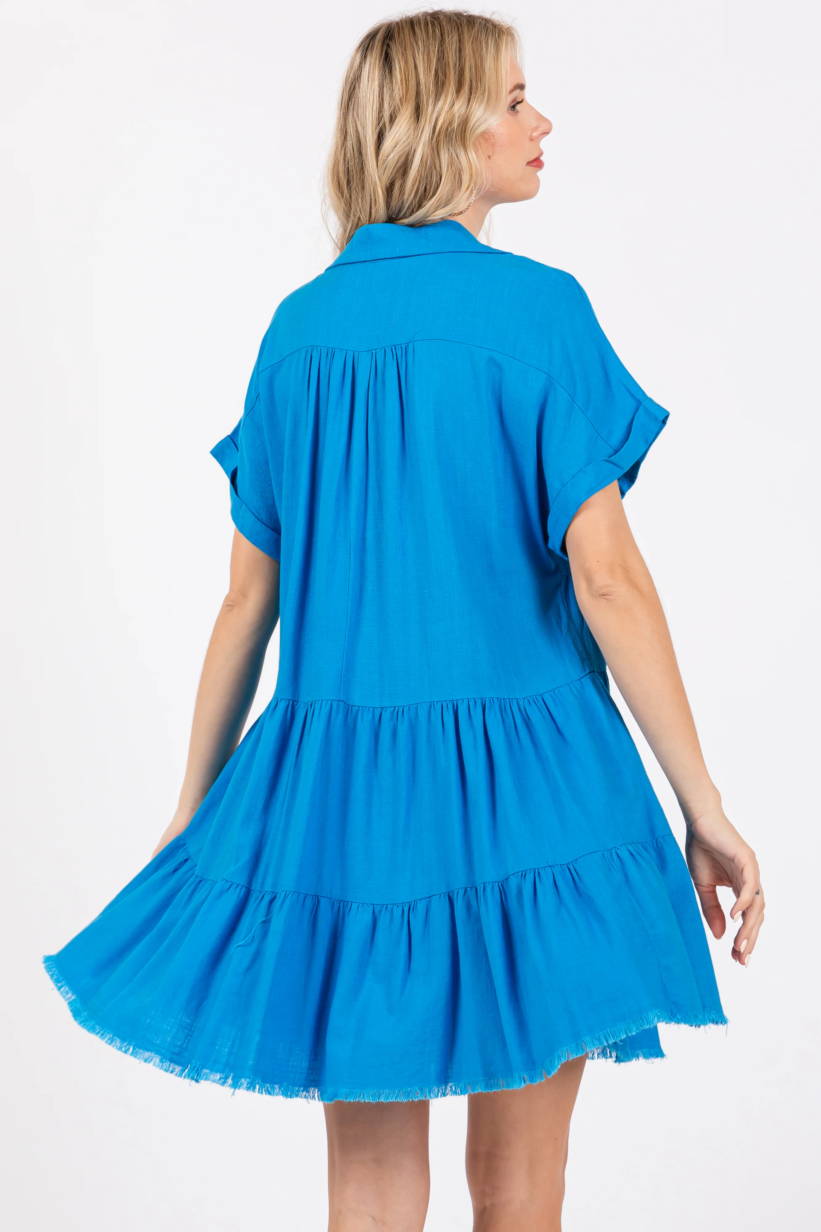 Royal Blue Tiered Linen Dress - Image 3
