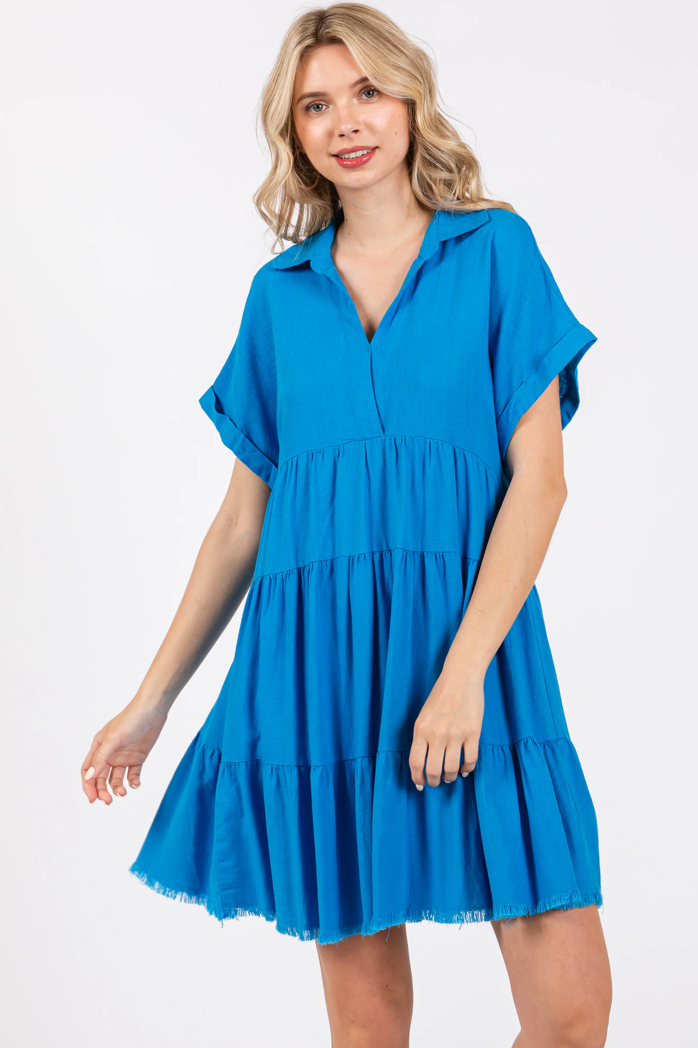Royal Blue Tiered Linen Maternity Dress - Image 5