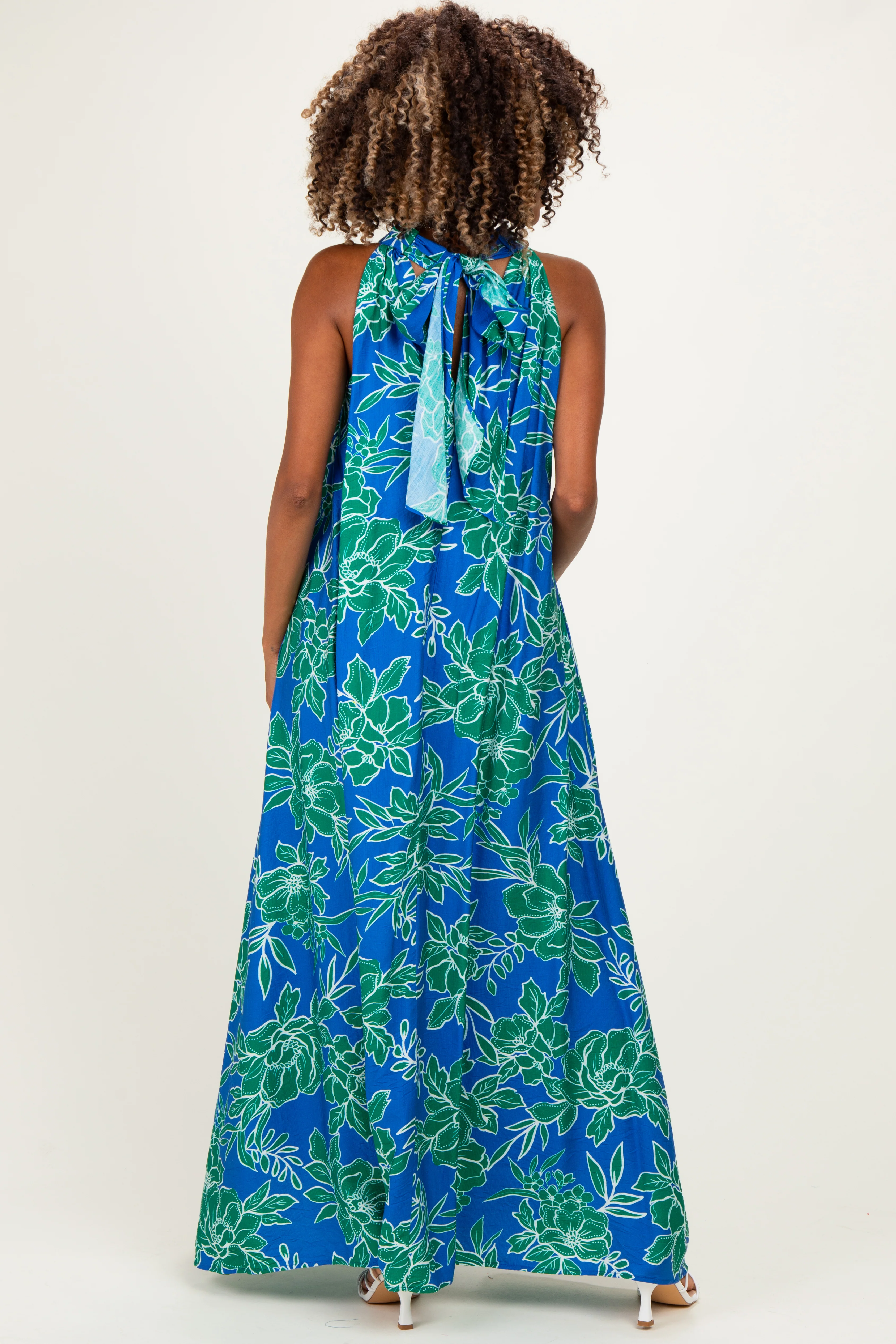Royal Floral Halter Maternity Maxi Dress - Image 3