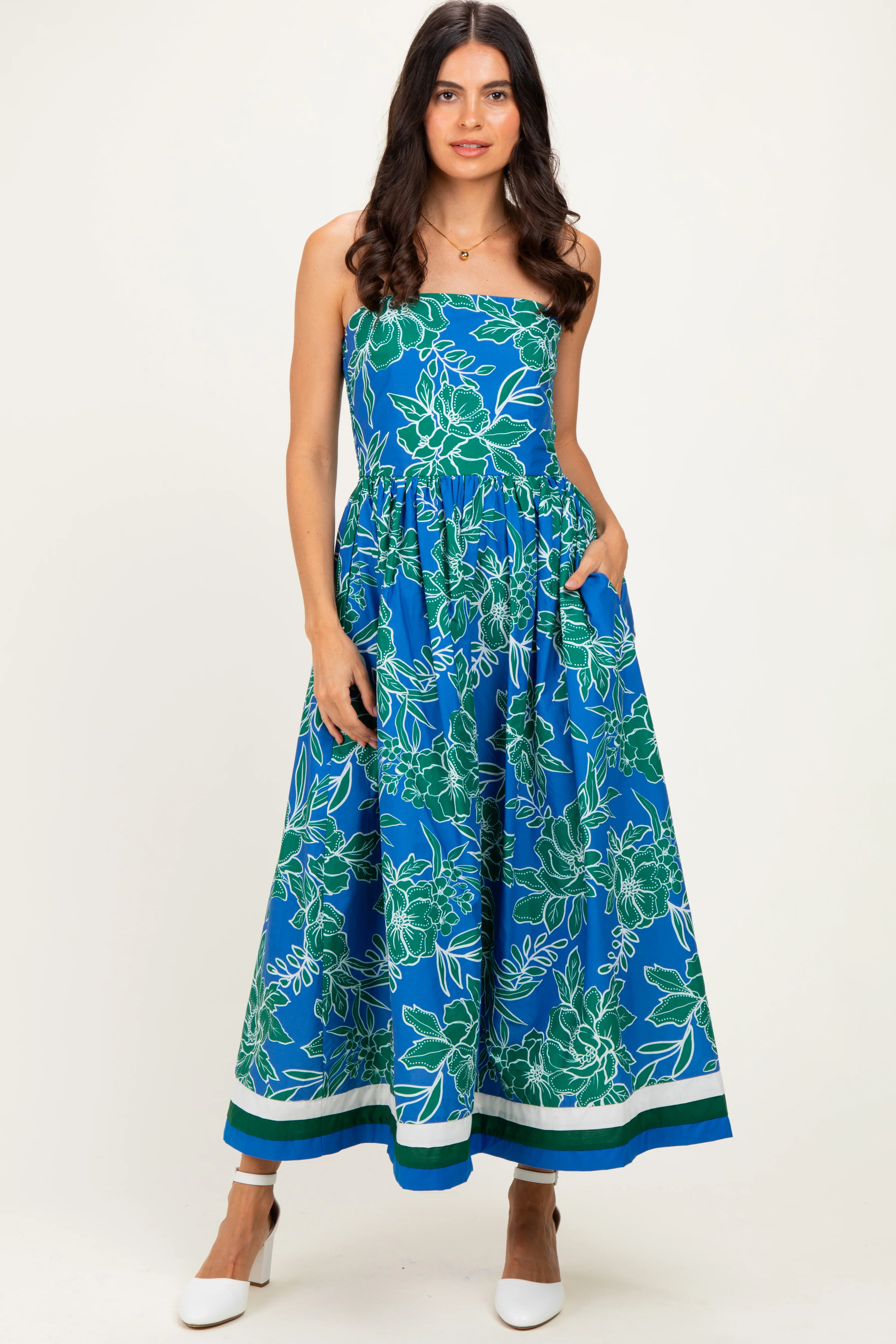 Royal Floral Strapless Maternity Midi Dress - Image 4