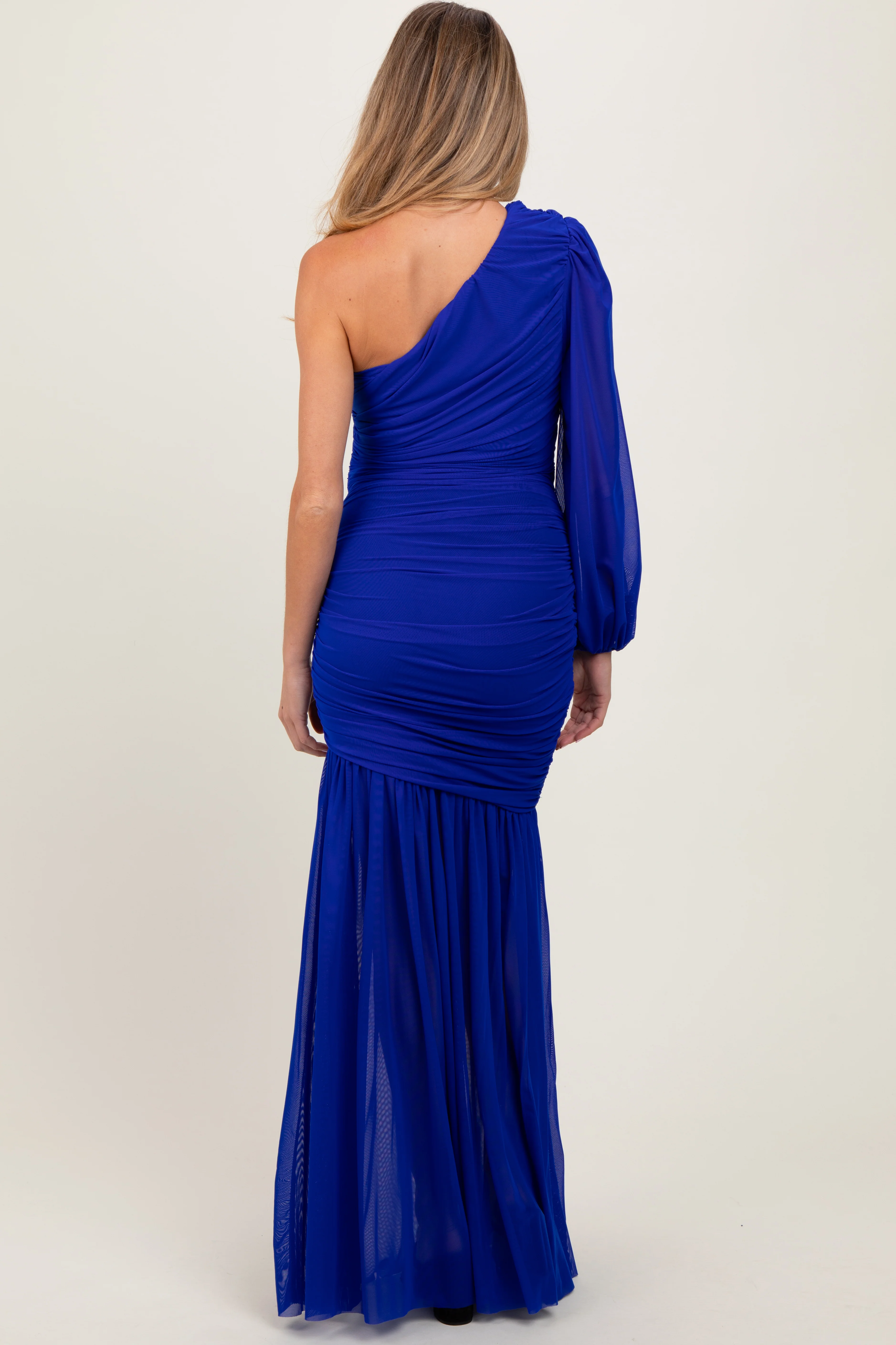 Royal Ruched Mesh One Shoulder Asymmetric Maternity Maxi Dress - Image 3