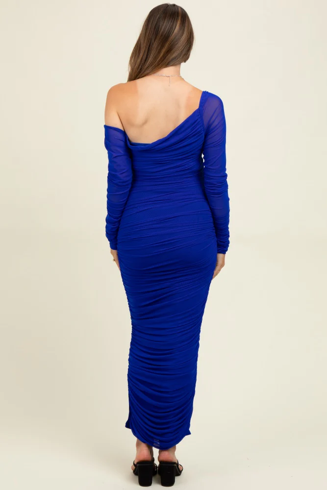 Royal Ruched Mesh One Shoulder Long Sleeve Maternity Maxi Dress - Image 3