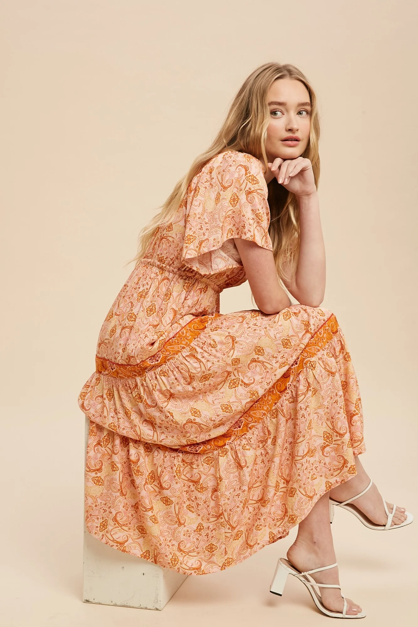 Rust Border Print Tiered Midi Dress - Image 4