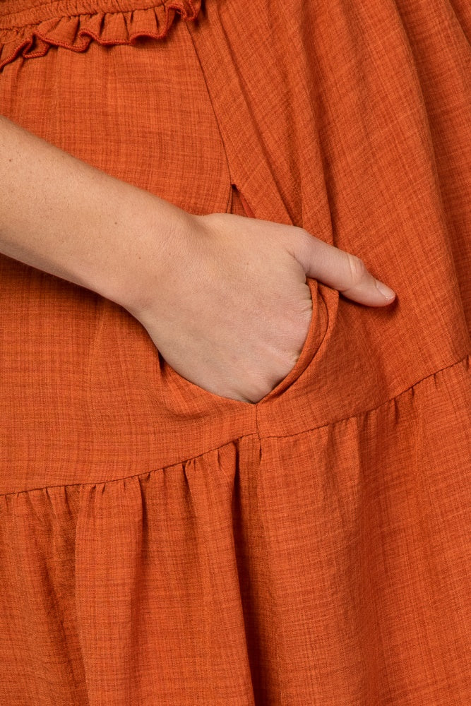 Rust Bow Strap Tiered Maternity Midi Dress - Image 7