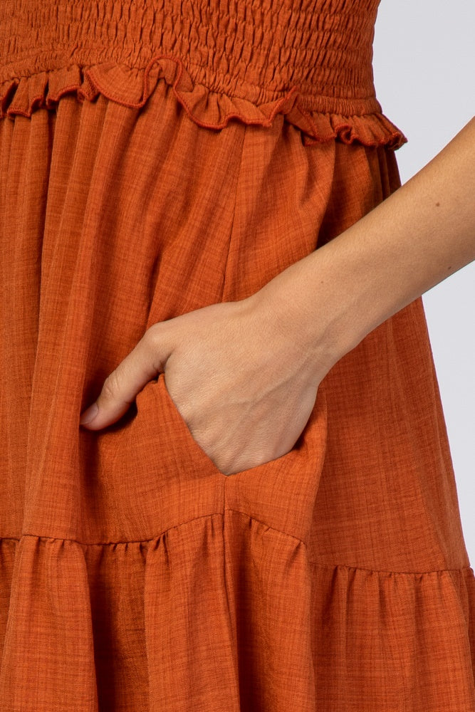 Rust Bow Strap Tiered Midi Dress - Image 4