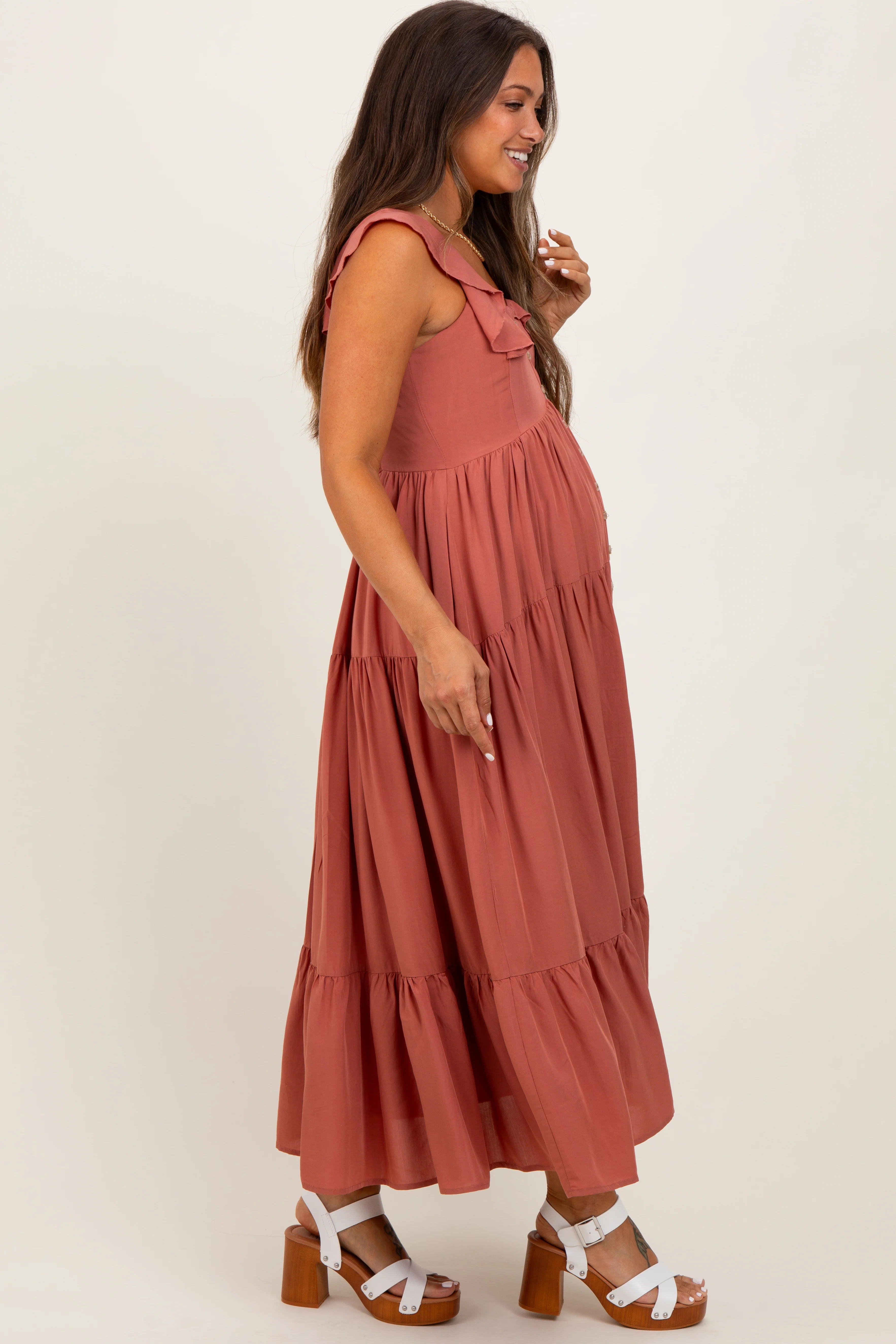 Rust Button Front Ruffle Square Neck Maternity Midi Dress - Image 3
