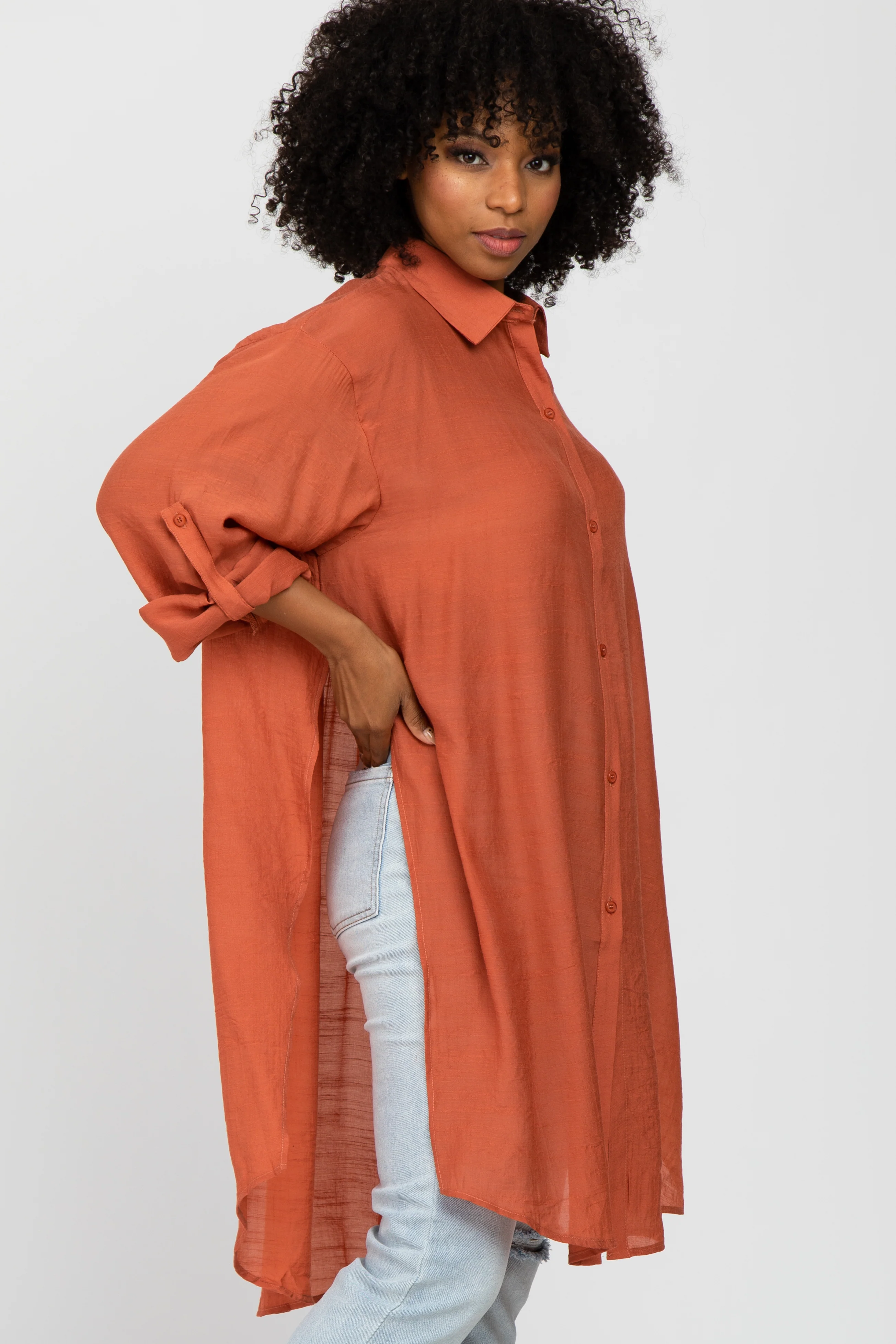 Rust Button Front Side Slit Oversized Blouse - Image 3