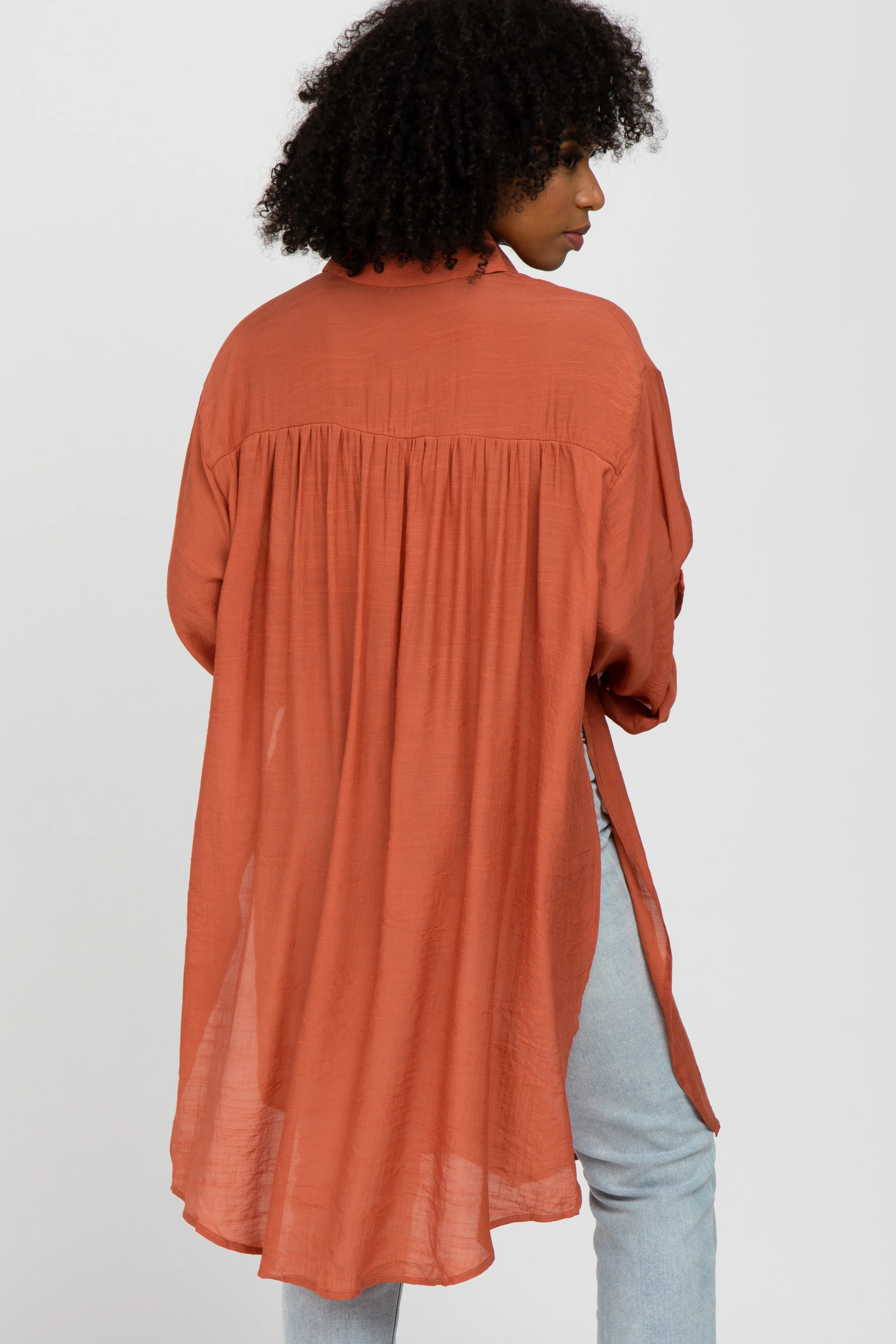 Rust Button Front Side Slit Oversized Blouse - Image 4