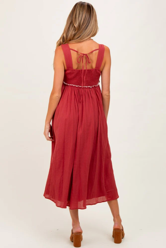 Rust Embroidered Sleeveless Maternity Midi Dress - Image 4