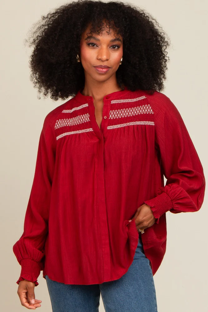 Rust Embroidered Smocked Blouse - Image 5