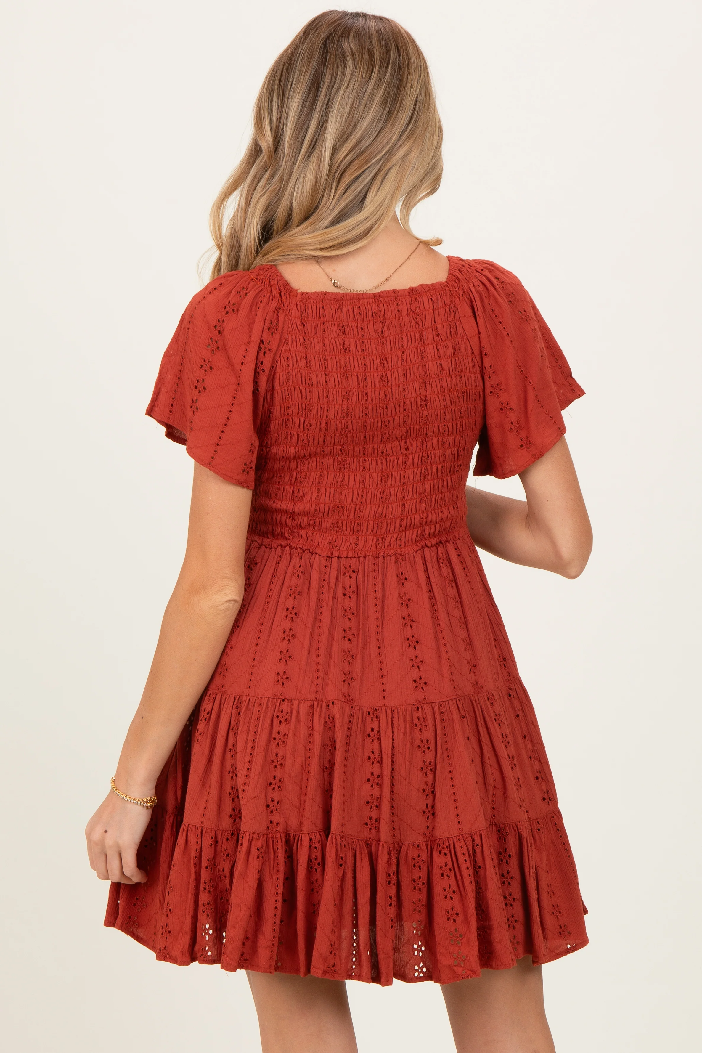 Rust Eyelet Embroidered V Neck Smocked Bodice Maternity Dress - Image 4