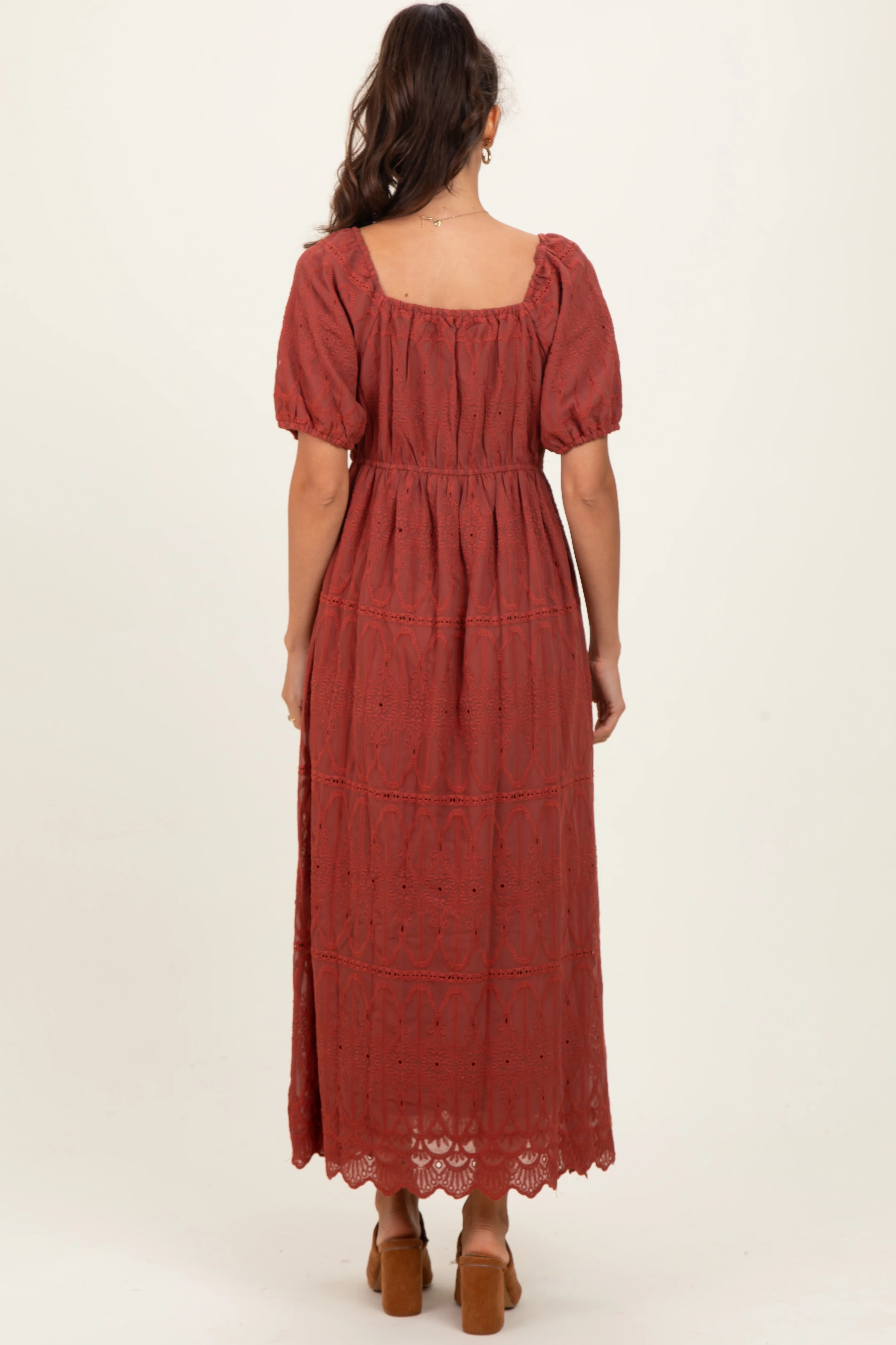 Rust Floral Embroidered Chiffon Midi Dress - Image 4