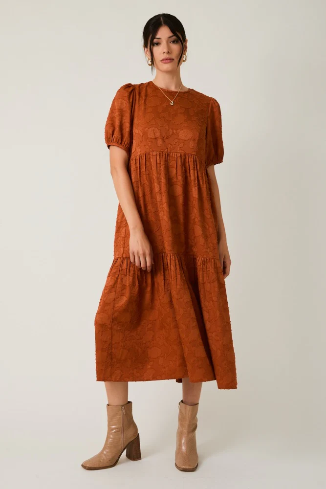 Rust Floral Jacquard Tie Detail Midi Dress - Image 2