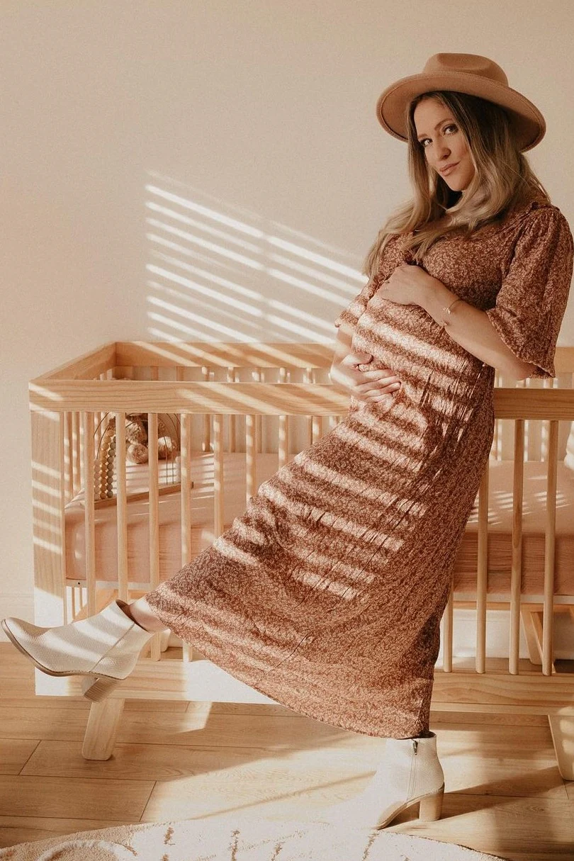 Rust Floral Ruffle V-Neck Maternity Midi Dress - Image 8