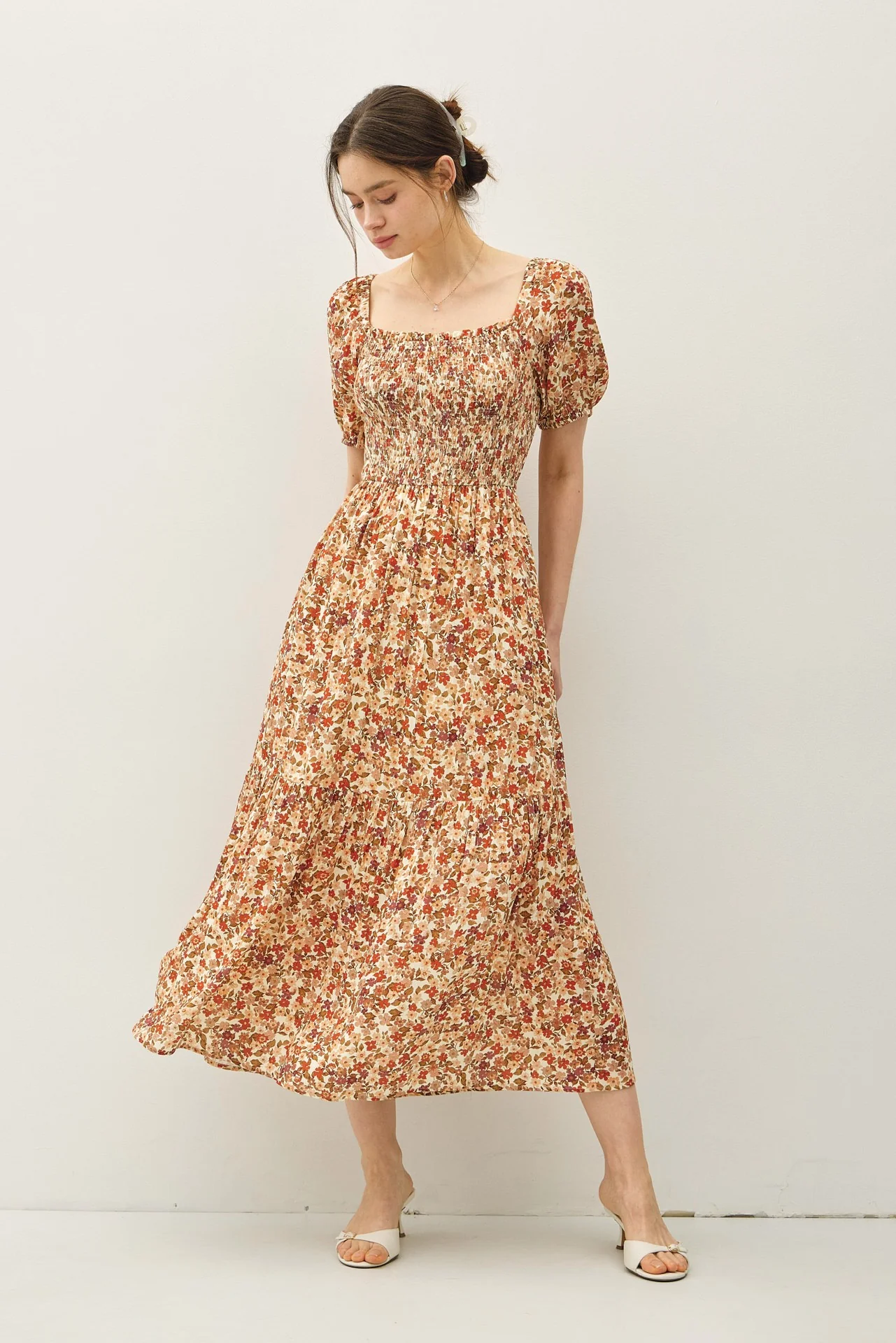 Rust Floral Smocked Tiered Maternity Midi Dress - Image 5