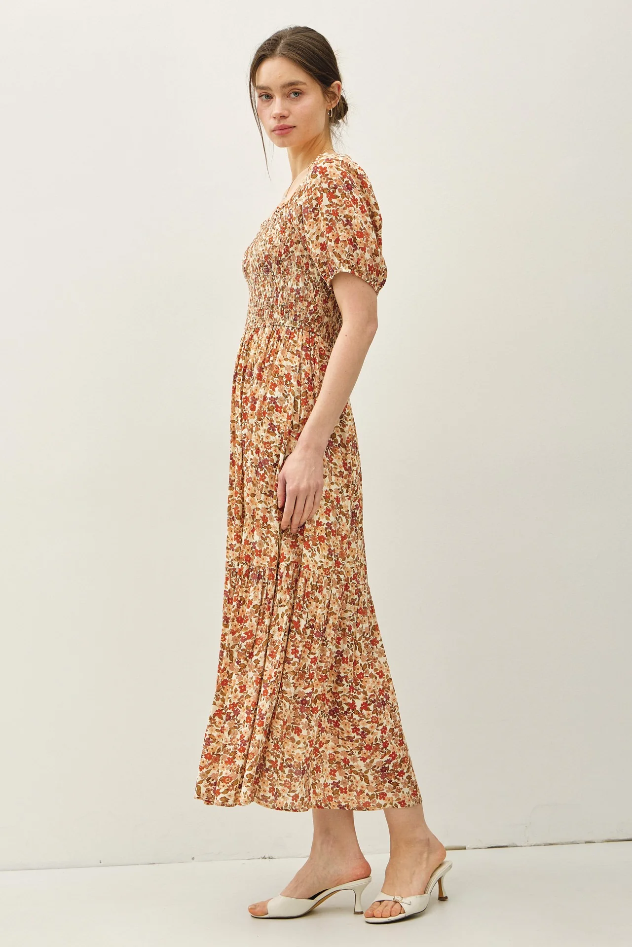 Rust Floral Smocked Tiered Midi Dress - Image 3
