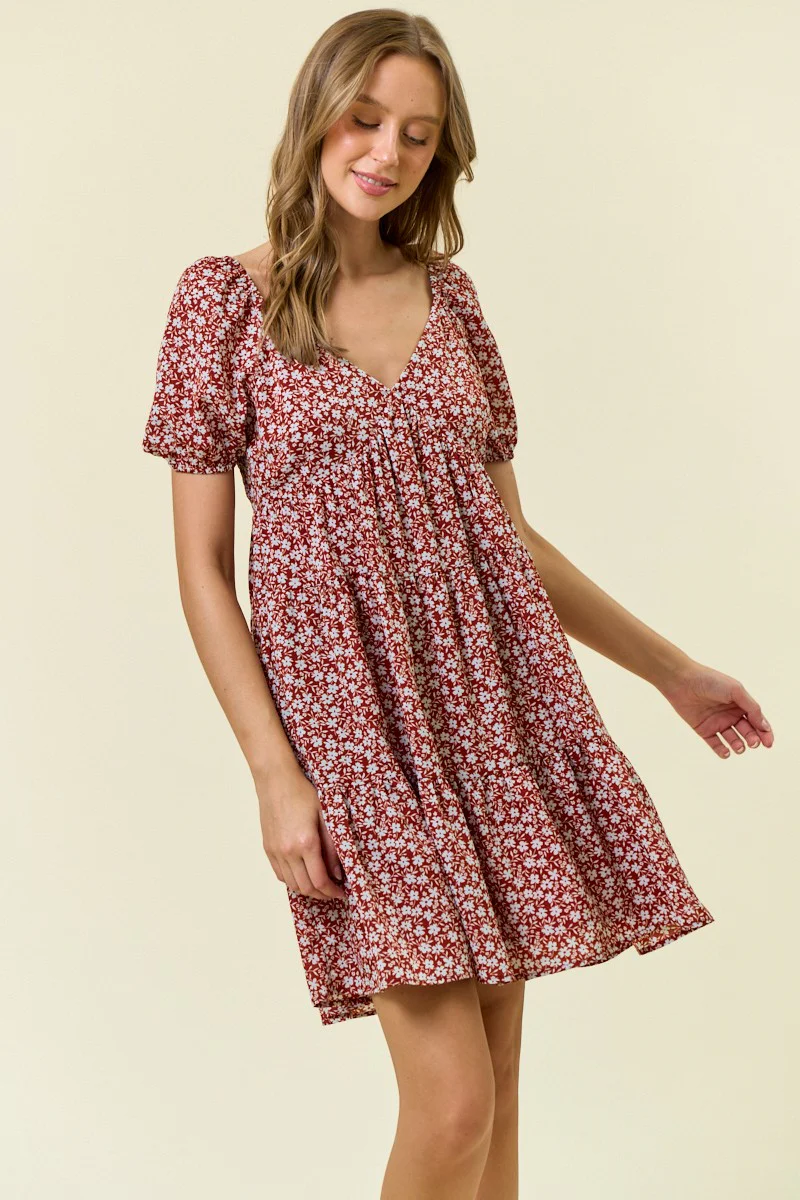Rust Floral Tiered V-Neck Maternity Mini Dress - Image 4