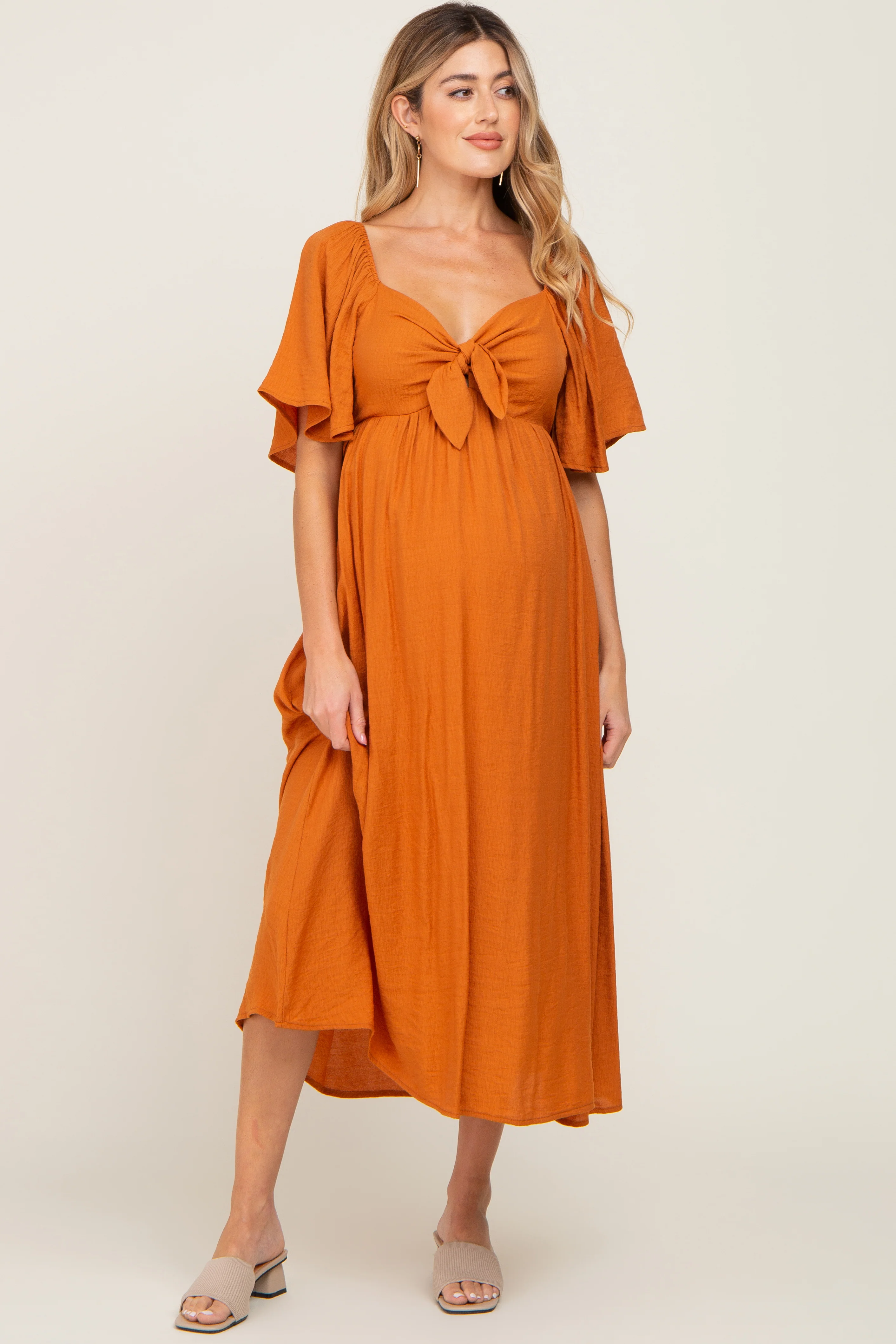 Rust Front Tie Ruffle Sleeve Maternity Midi Dress