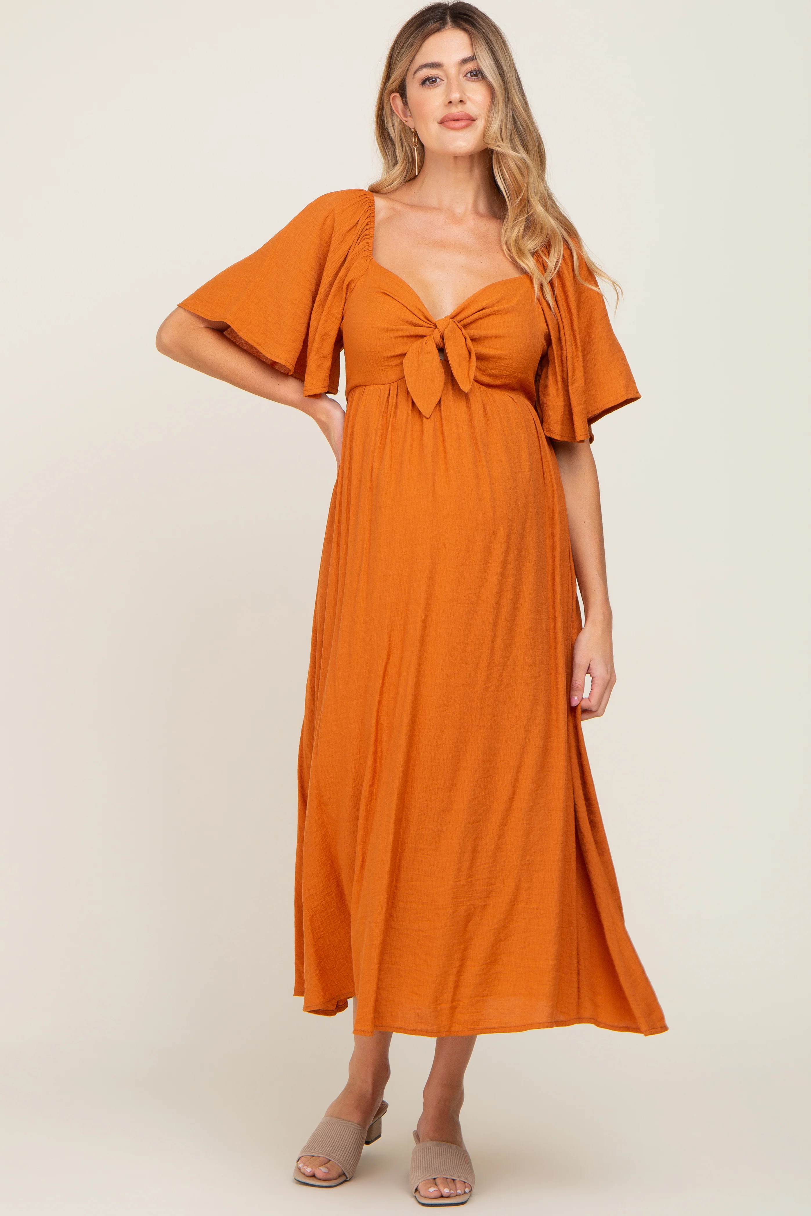Rust Front Tie Ruffle Sleeve Maternity Midi Dress - Image 4