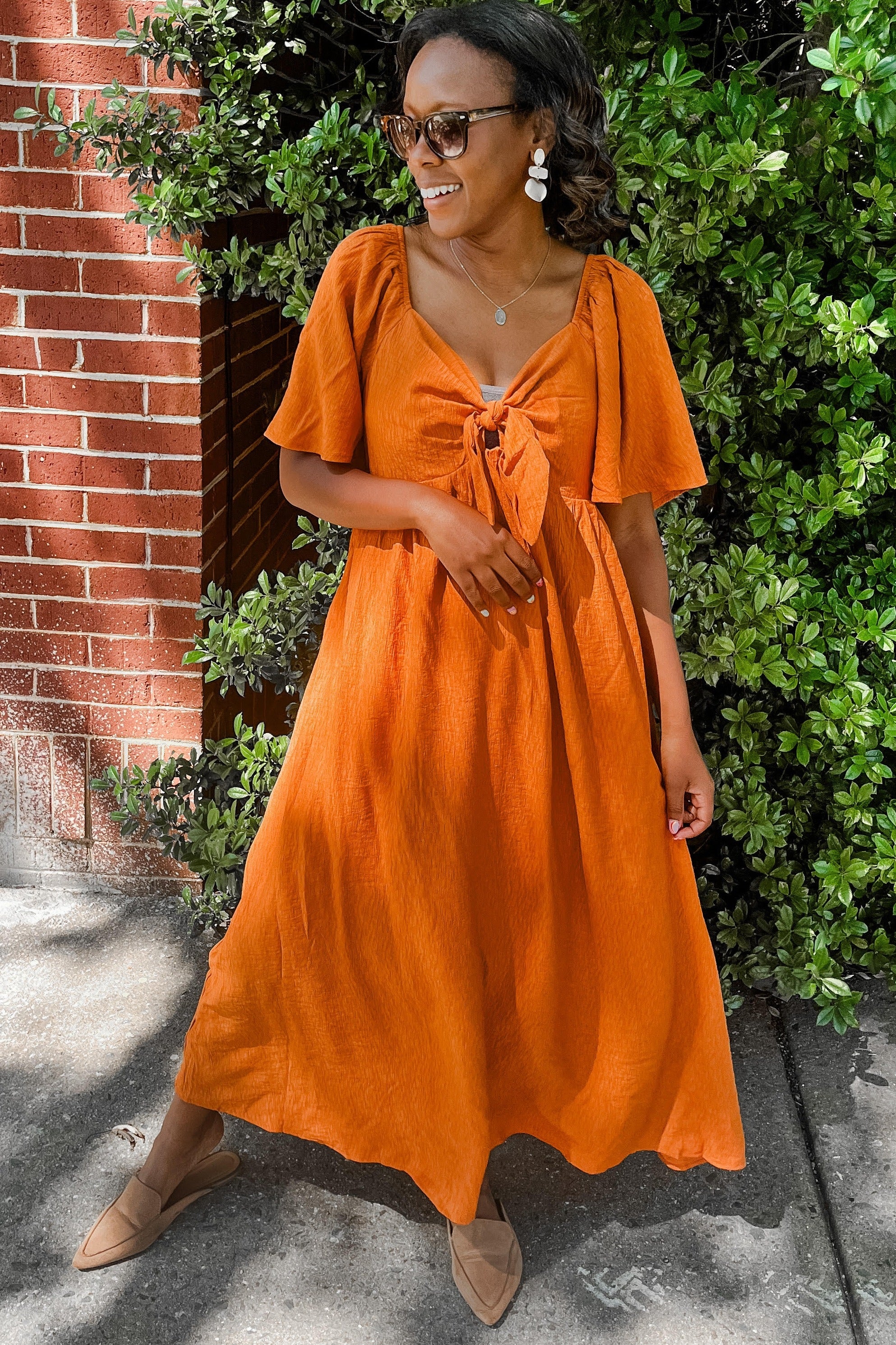 Rust Front Tie Ruffle Sleeve Maternity Midi Dress - Image 8