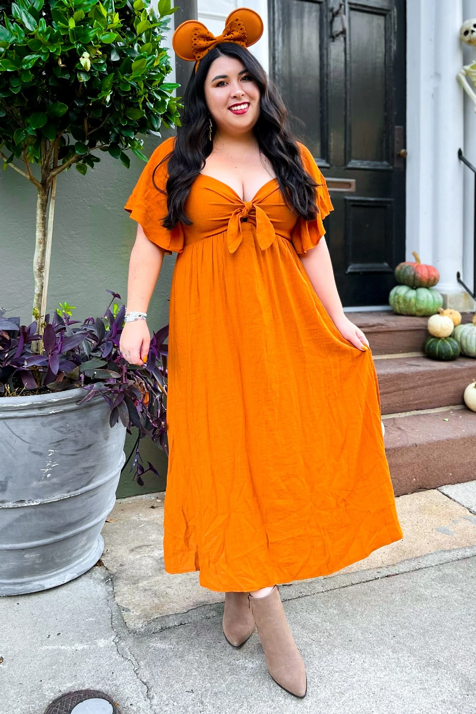 Rust Front Tie Ruffle Sleeve Midi Dress - Image 7