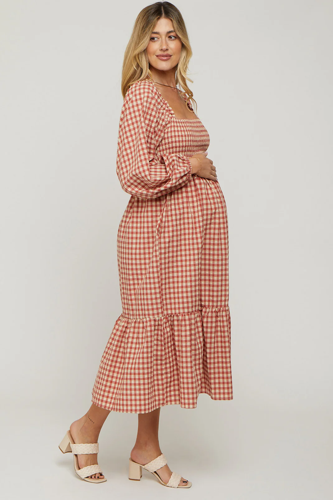 Rust Gingham Long Sleeve Maternity Midi Dress - Image 3