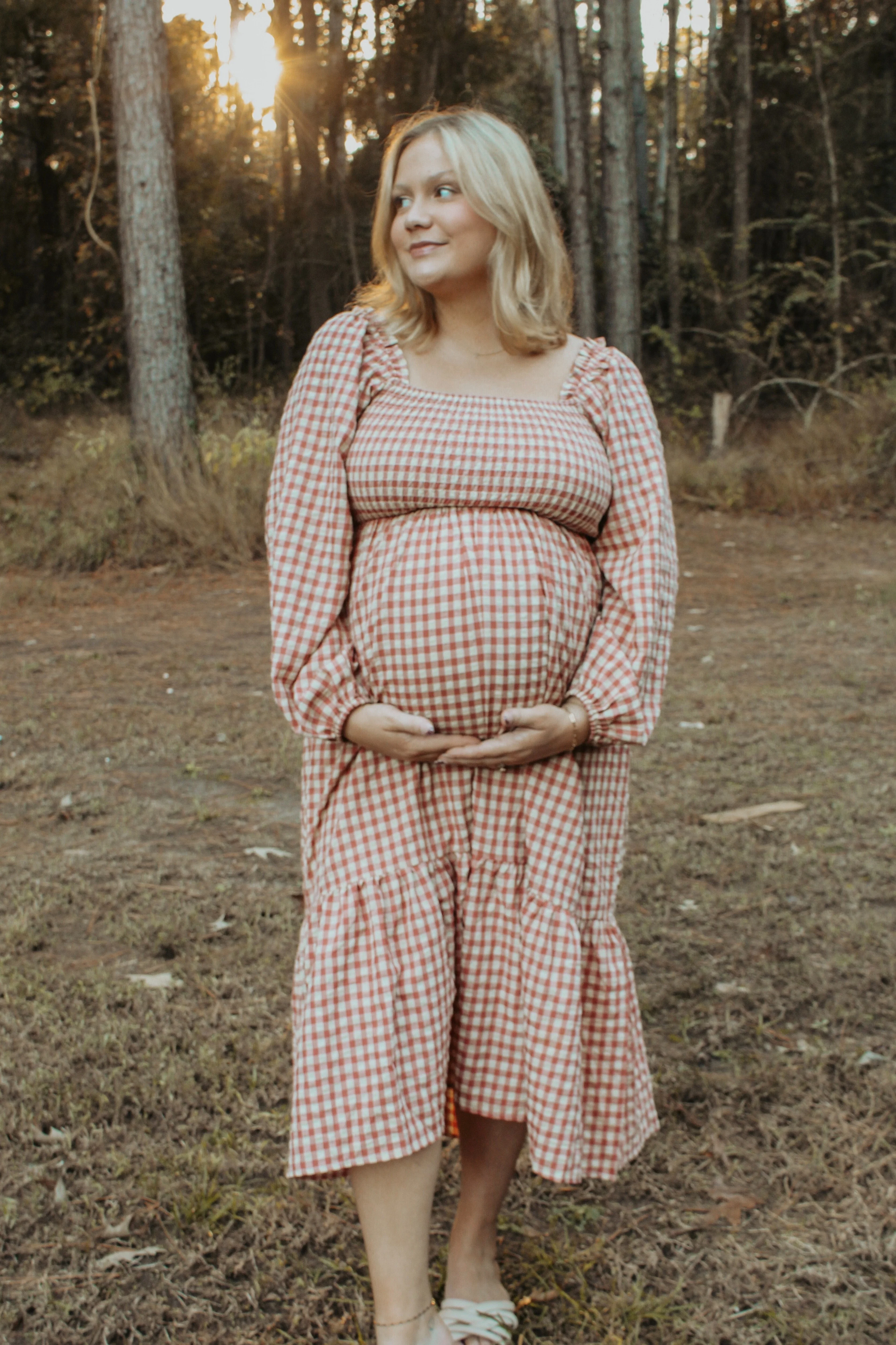 Rust Gingham Long Sleeve Maternity Midi Dress - Image 6
